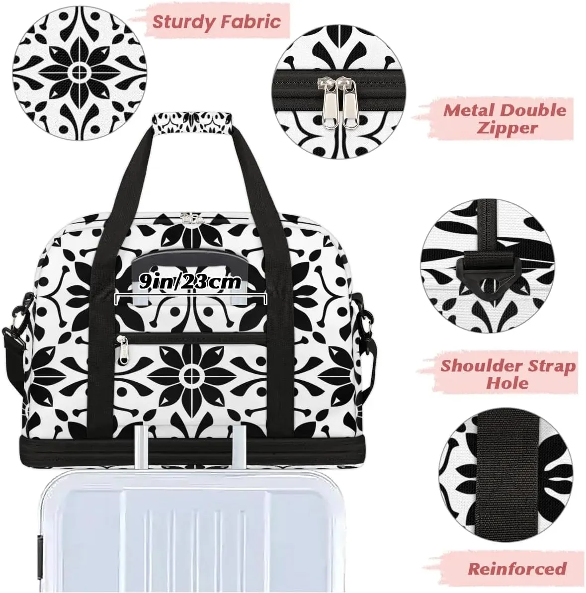 Boho Retro Pattern Floral Travel Duffle Bag, Collapsible Travel Bag Sports Gym Bag With Shoes Compartment Weekender Bag Overnight Bag For Women Men