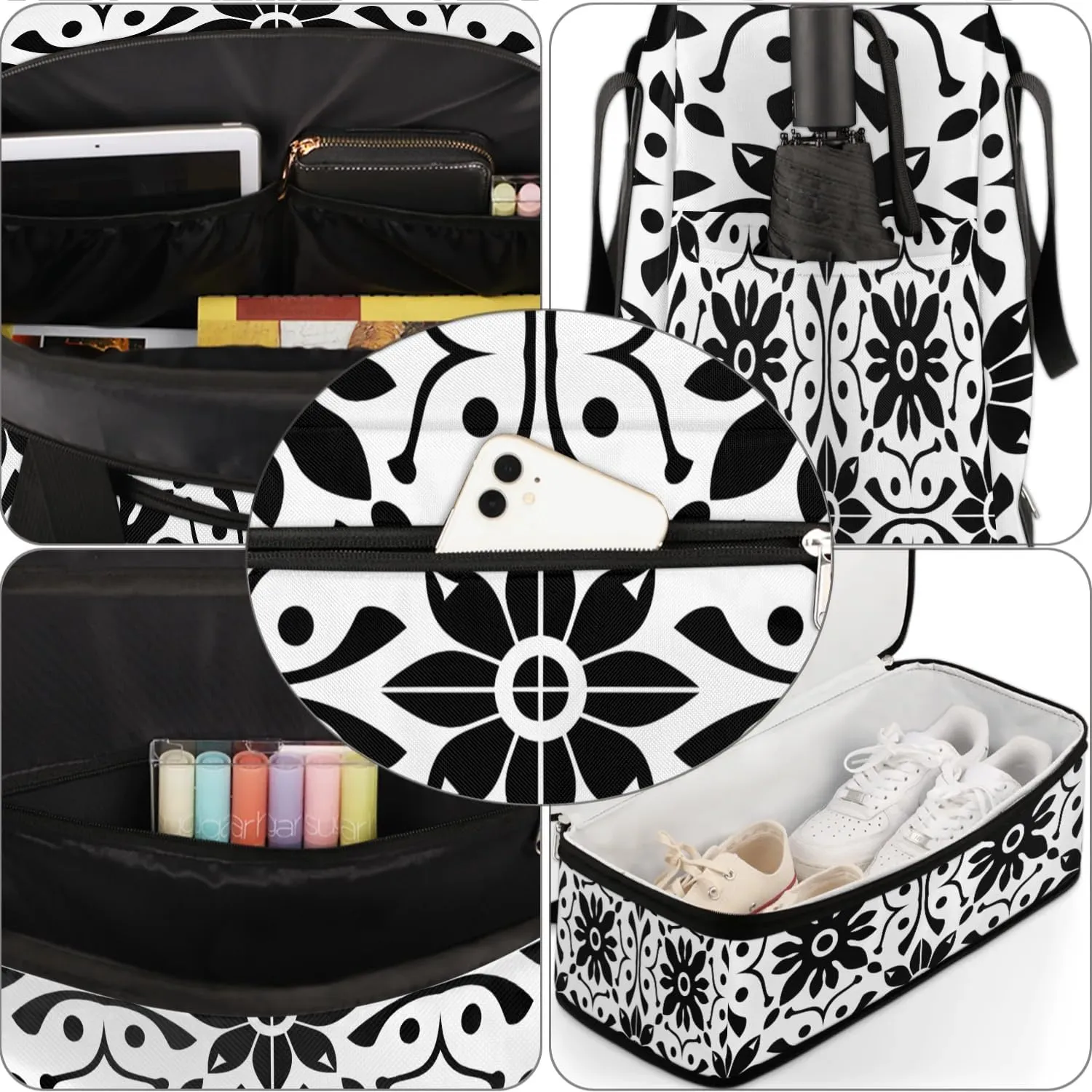 Boho Retro Pattern Floral Travel Duffle Bag, Collapsible Travel Bag Sports Gym Bag With Shoes Compartment Weekender Bag Overnight Bag For Women Men
