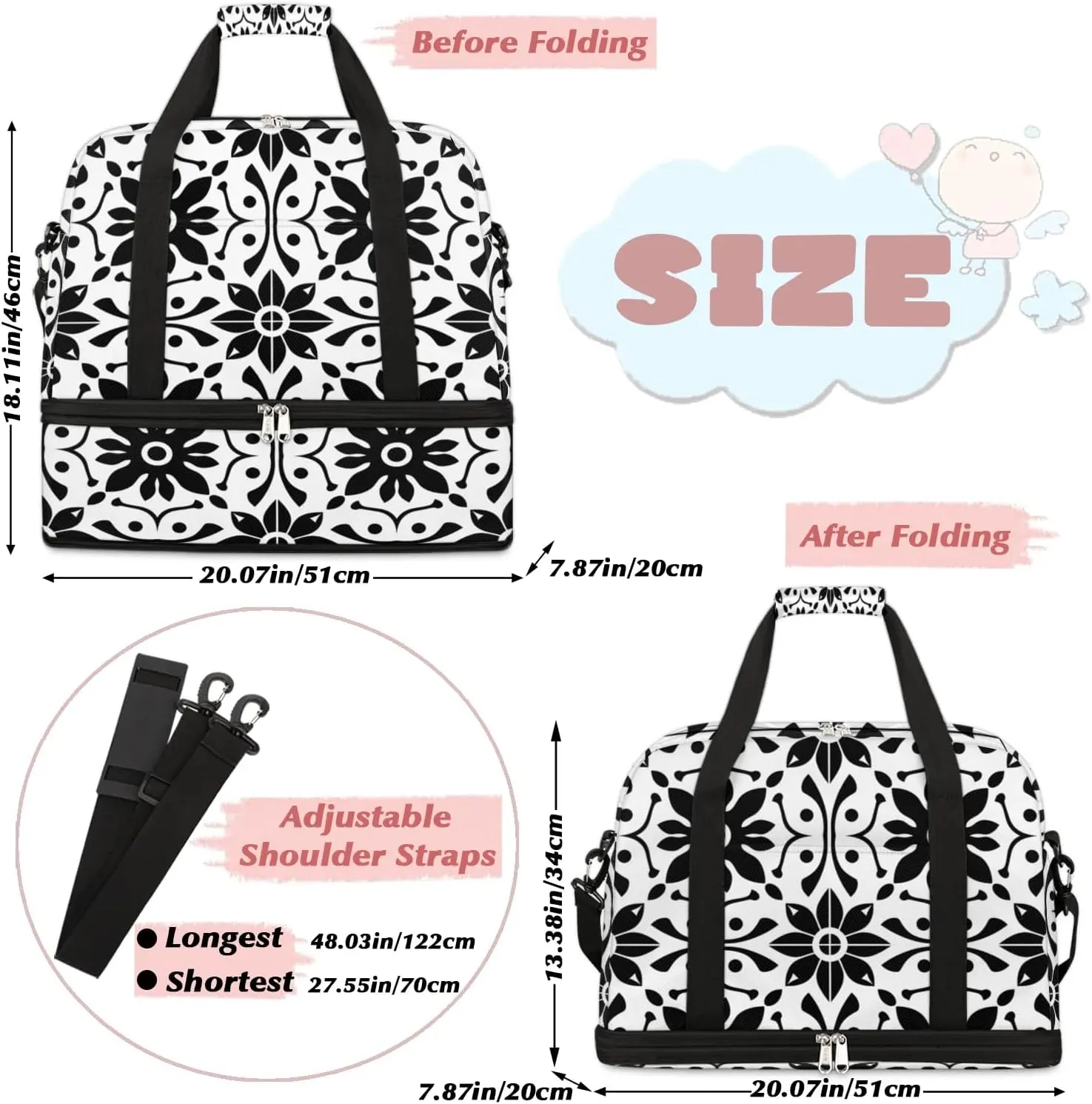 Boho Retro Pattern Floral Travel Duffle Bag, Collapsible Travel Bag Sports Gym Bag With Shoes Compartment Weekender Bag Overnight Bag For Women Men