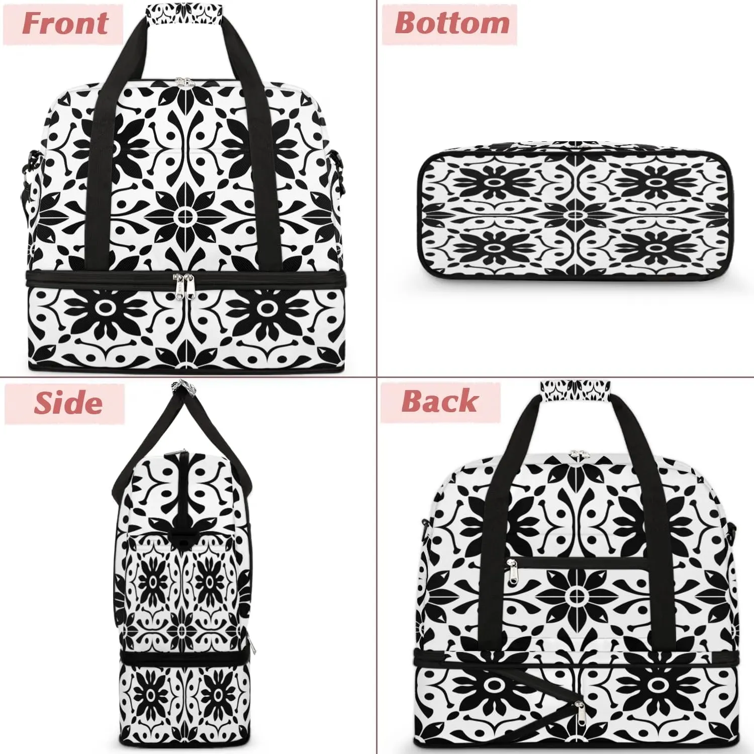 Boho Retro Pattern Floral Travel Duffle Bag, Collapsible Travel Bag Sports Gym Bag With Shoes Compartment Weekender Bag Overnight Bag For Women Men