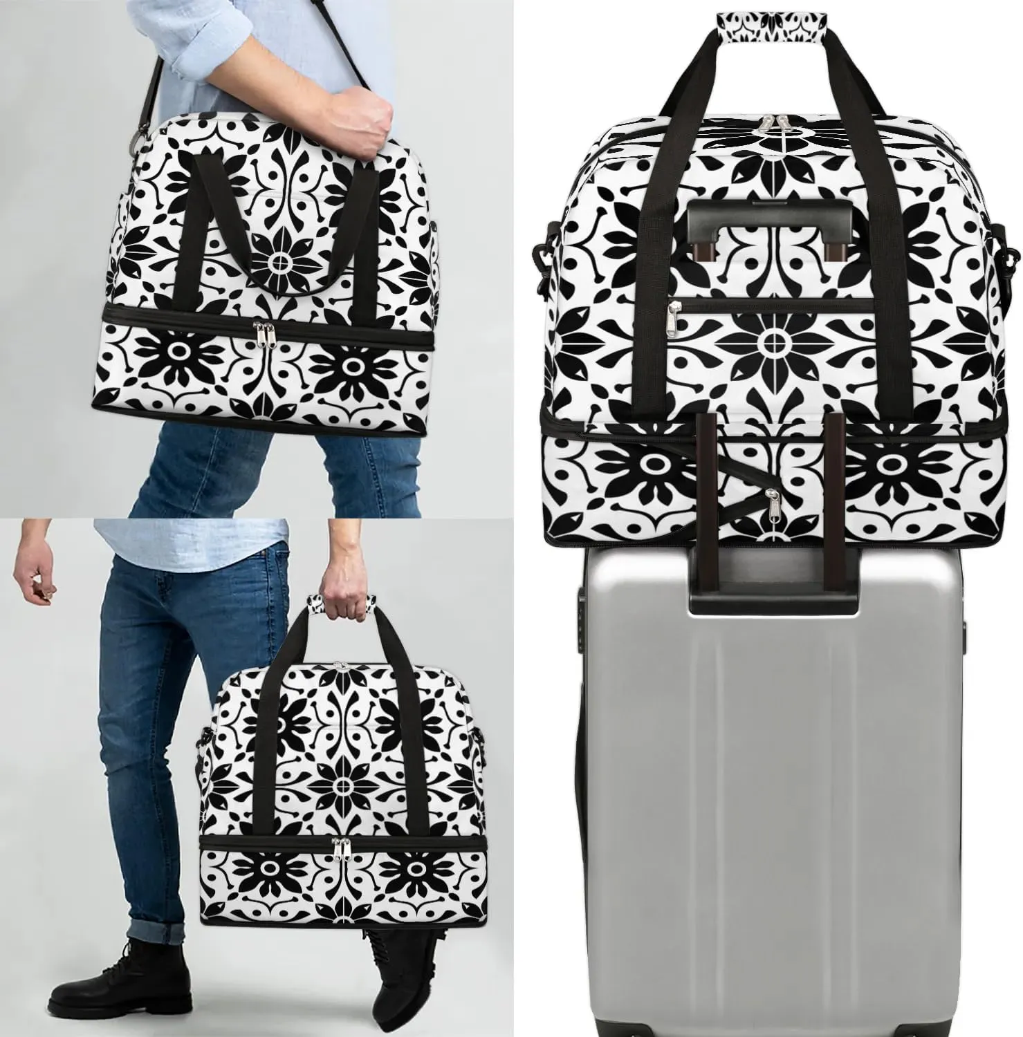 Boho Retro Pattern Floral Travel Duffle Bag, Collapsible Travel Bag Sports Gym Bag With Shoes Compartment Weekender Bag Overnight Bag For Women Men