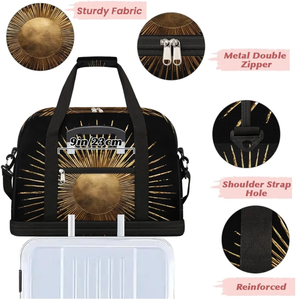 Boho Sun Patterns Retro Travel Duffle Bag, Collapsible Travel Bag Sports Gym Bag With Shoes Compartment Weekender Bag Overnight Bag For Women Men