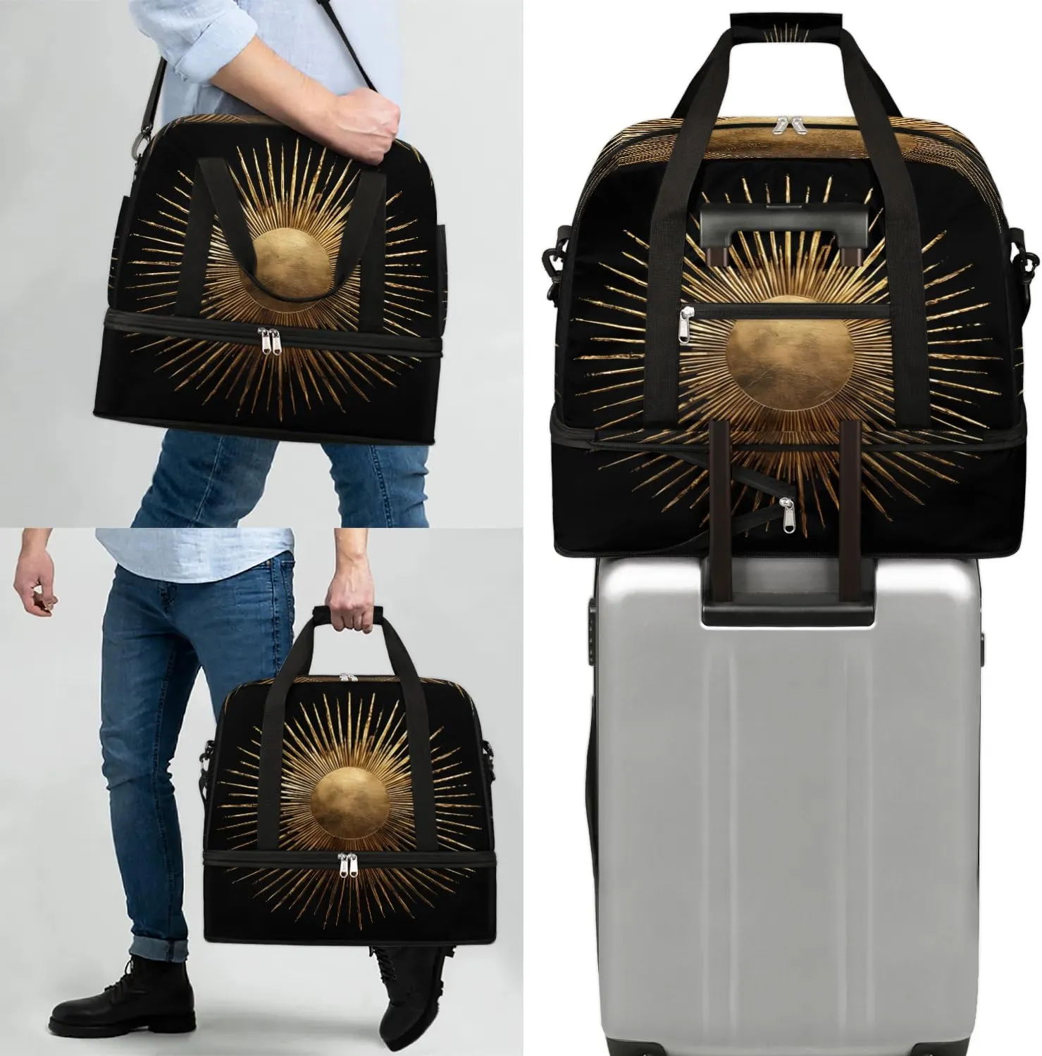 Boho Sun Patterns Retro Travel Duffle Bag, Collapsible Travel Bag Sports Gym Bag With Shoes Compartment Weekender Bag Overnight Bag For Women Men