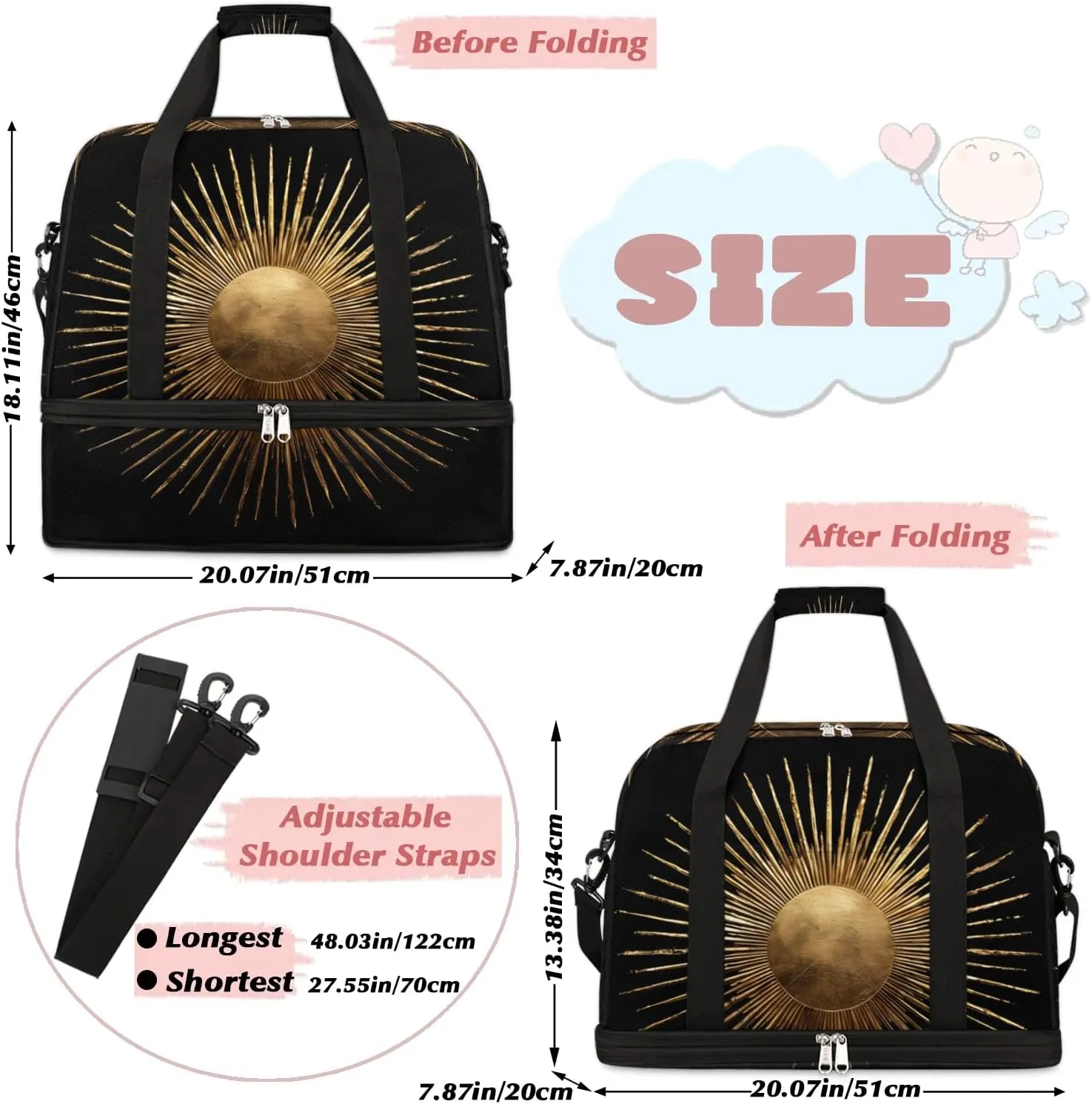 Boho Sun Patterns Retro Travel Duffle Bag, Collapsible Travel Bag Sports Gym Bag With Shoes Compartment Weekender Bag Overnight Bag For Women Men