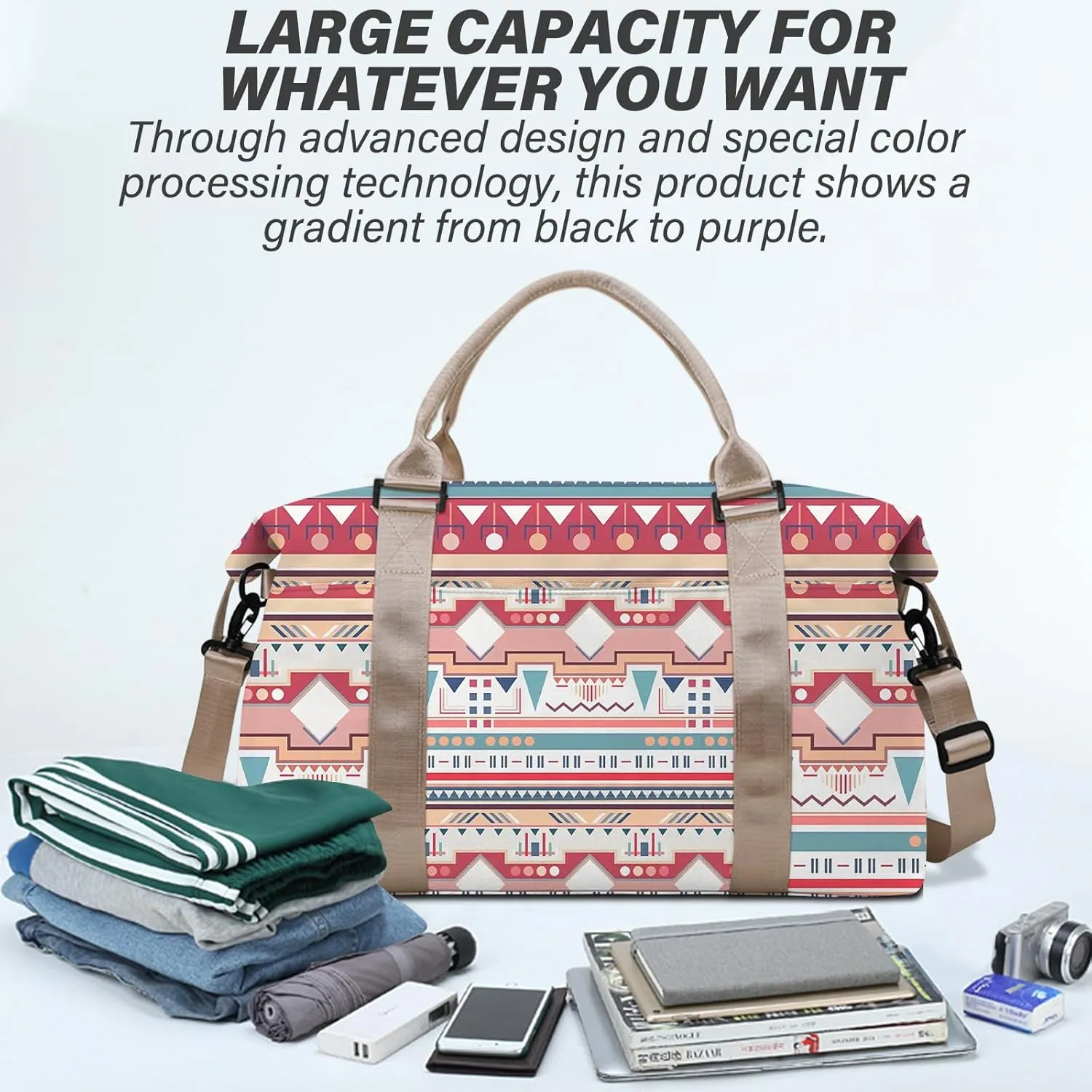 Boho Travel Weekender Duffel Overnight Carry On Bag with Trolley Sleeve,Large Travel Tote Bag with Wet Pocket Shoulder Strap for Women Girls Bohemian Aesthetic Cute-Pink Blue