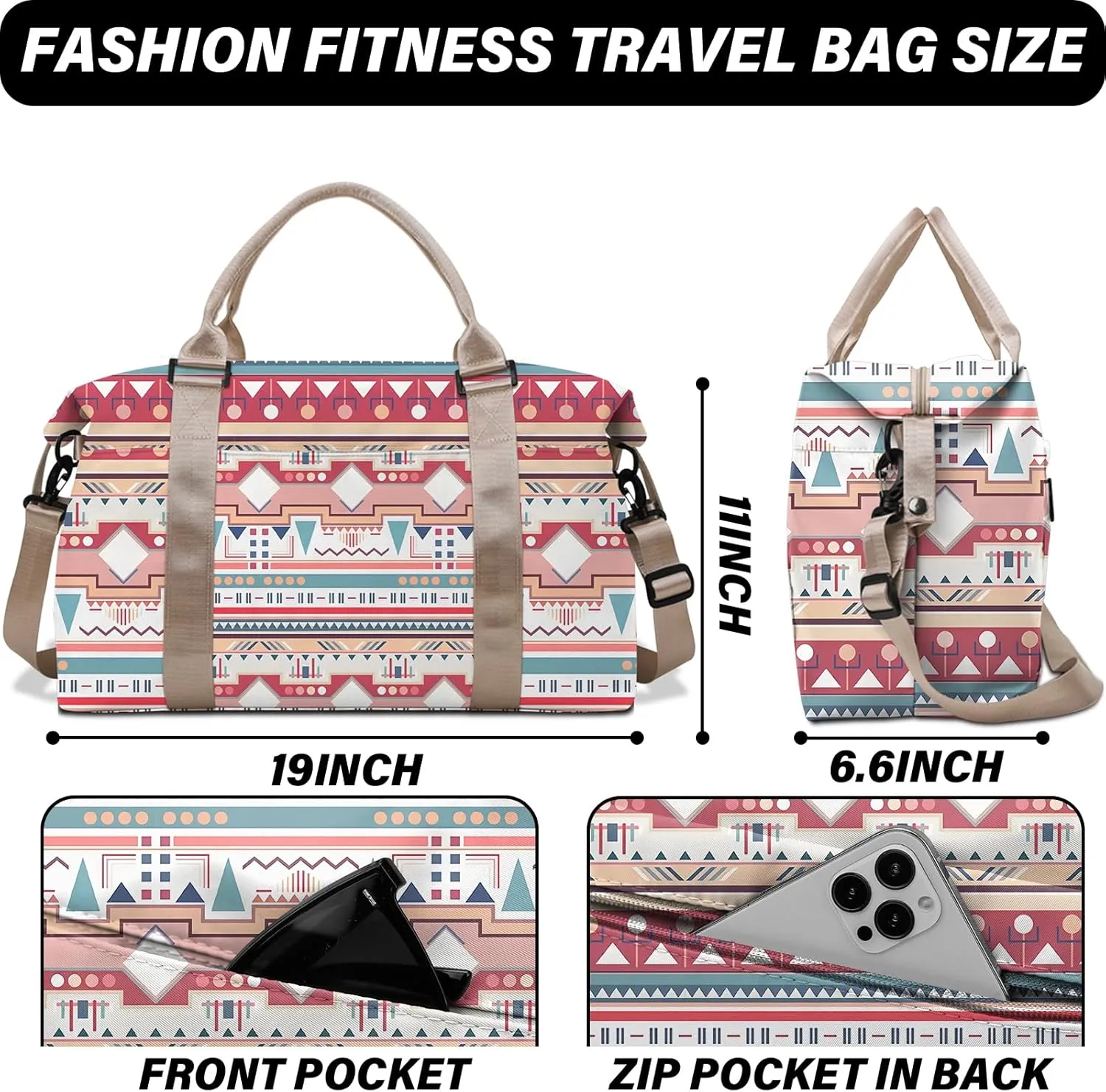 Boho Travel Weekender Duffel Overnight Carry On Bag with Trolley Sleeve,Large Travel Tote Bag with Wet Pocket Shoulder Strap for Women Girls Bohemian Aesthetic Cute-Pink Blue