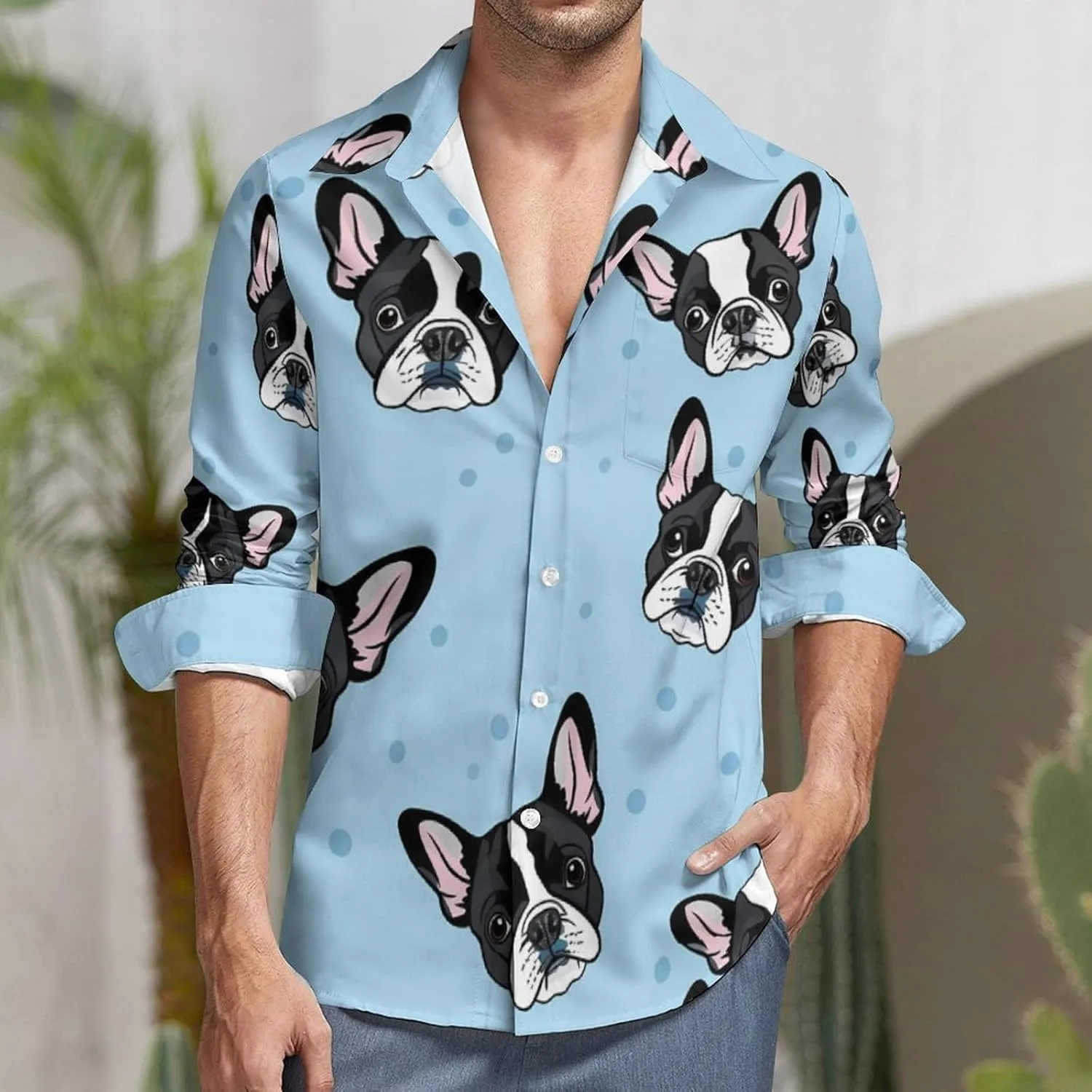 Boston Terrier Dogs Mens Long Sleeve Shirts Button Down Hawaiian Beach Shirts