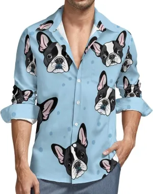 Boston Terrier Dogs Mens Long Sleeve Shirts Button Down Hawaiian Beach Shirts