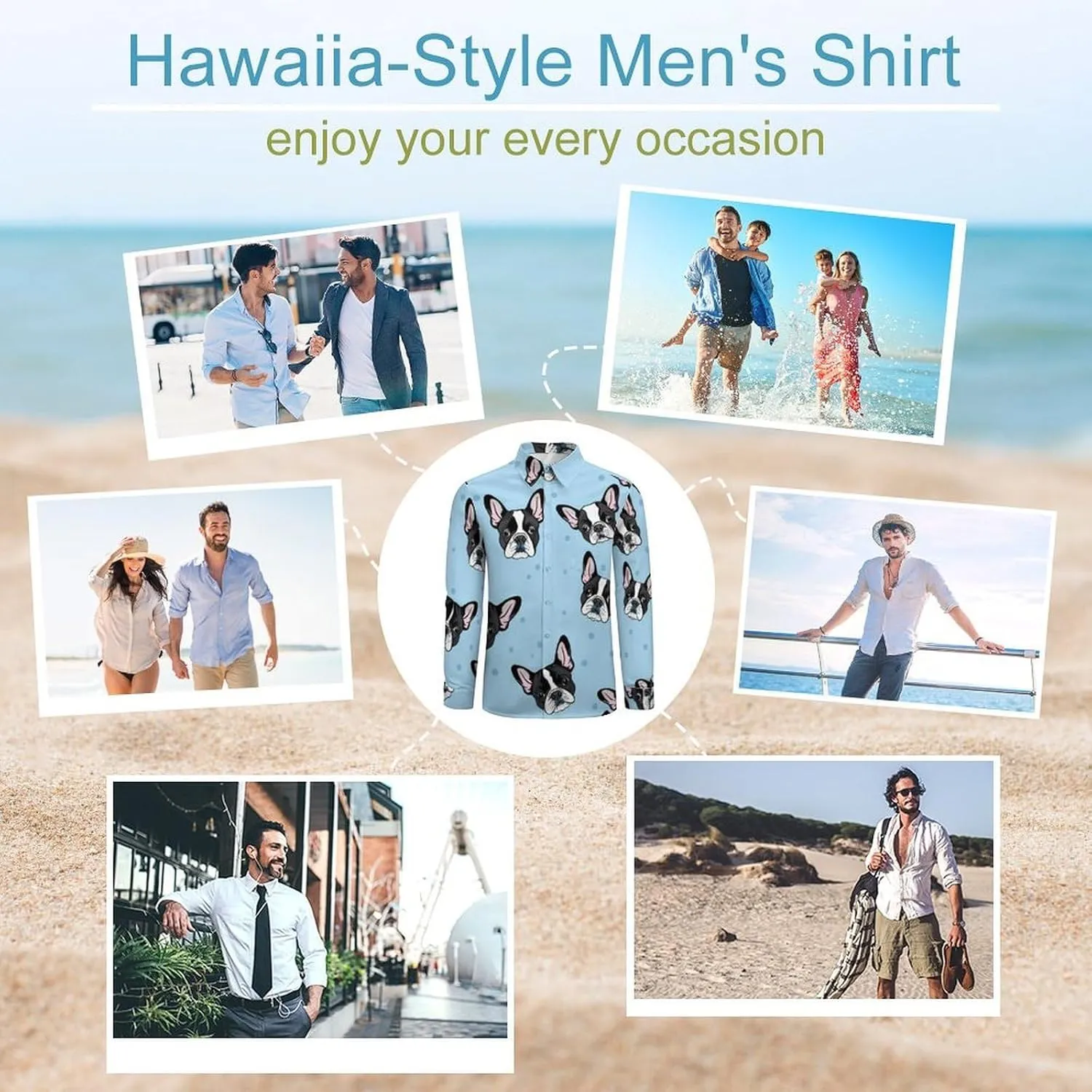 Boston Terrier Dogs Mens Long Sleeve Shirts Button Down Hawaiian Beach Shirts