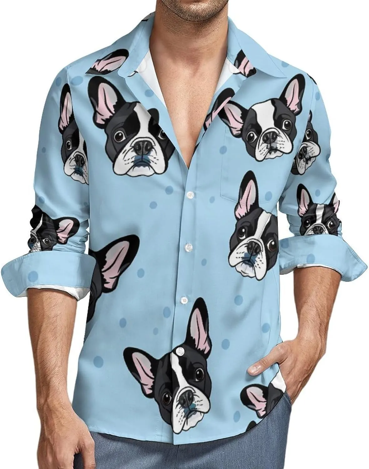 Boston Terrier Dogs Mens Long Sleeve Shirts Button Down Hawaiian Beach Shirts