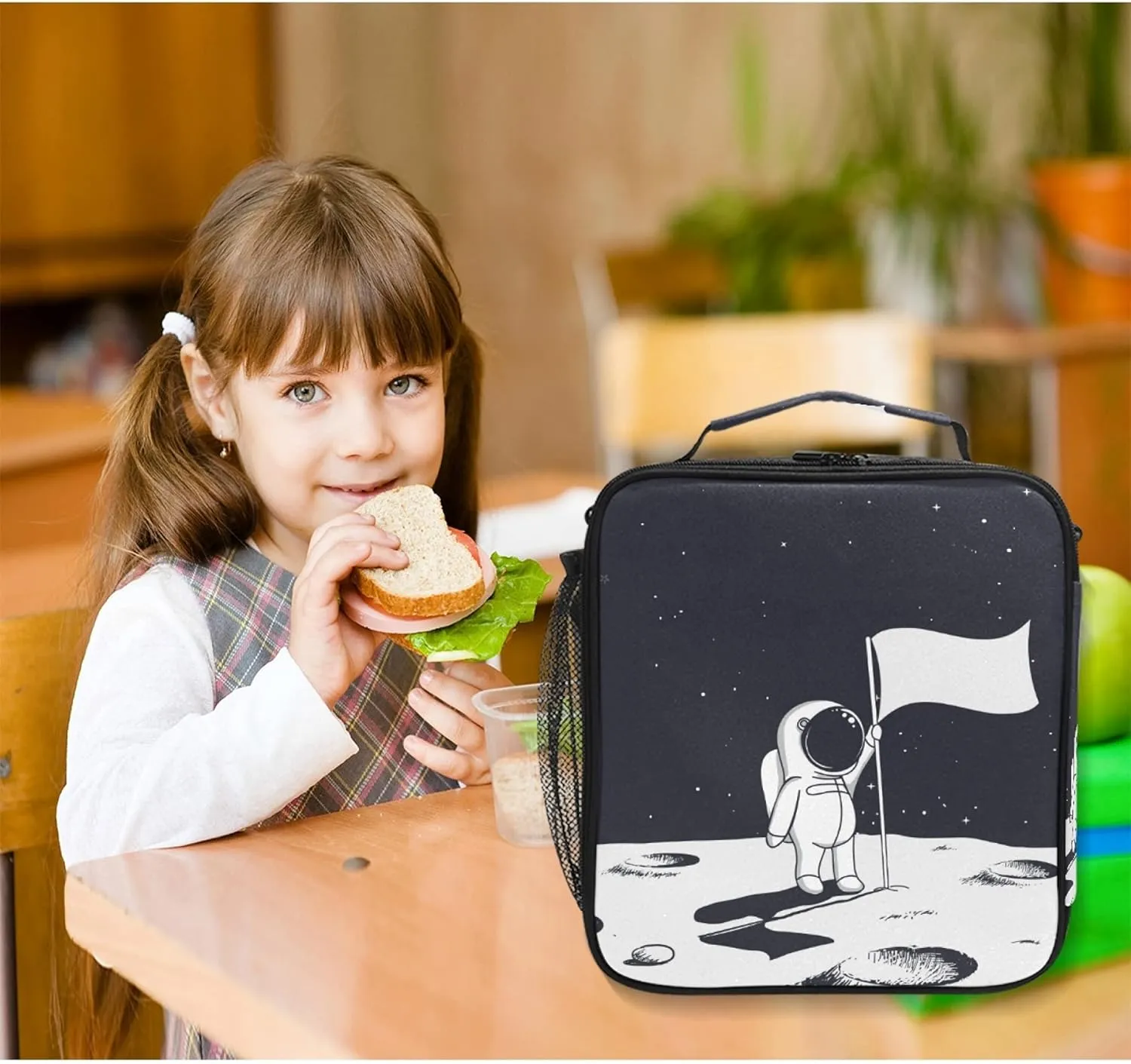 Boys Astronaut Lunch Box Black Spaceship Mars Prep Kids Girl Cooler Insulated Lunch Bag Tote Freezable Shoulder Strap Waterproof Picnic Meal for School Office