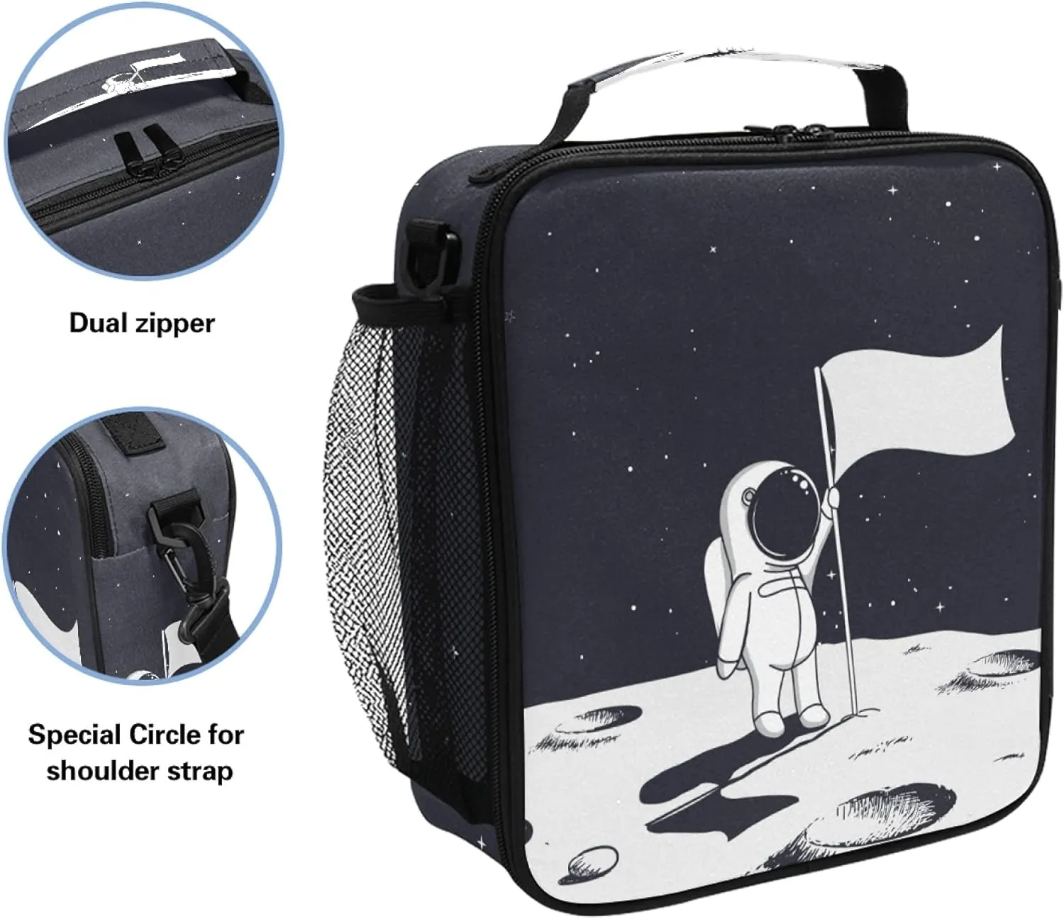 Boys Astronaut Lunch Box Black Spaceship Mars Prep Kids Girl Cooler Insulated Lunch Bag Tote Freezable Shoulder Strap Waterproof Picnic Meal for School Office