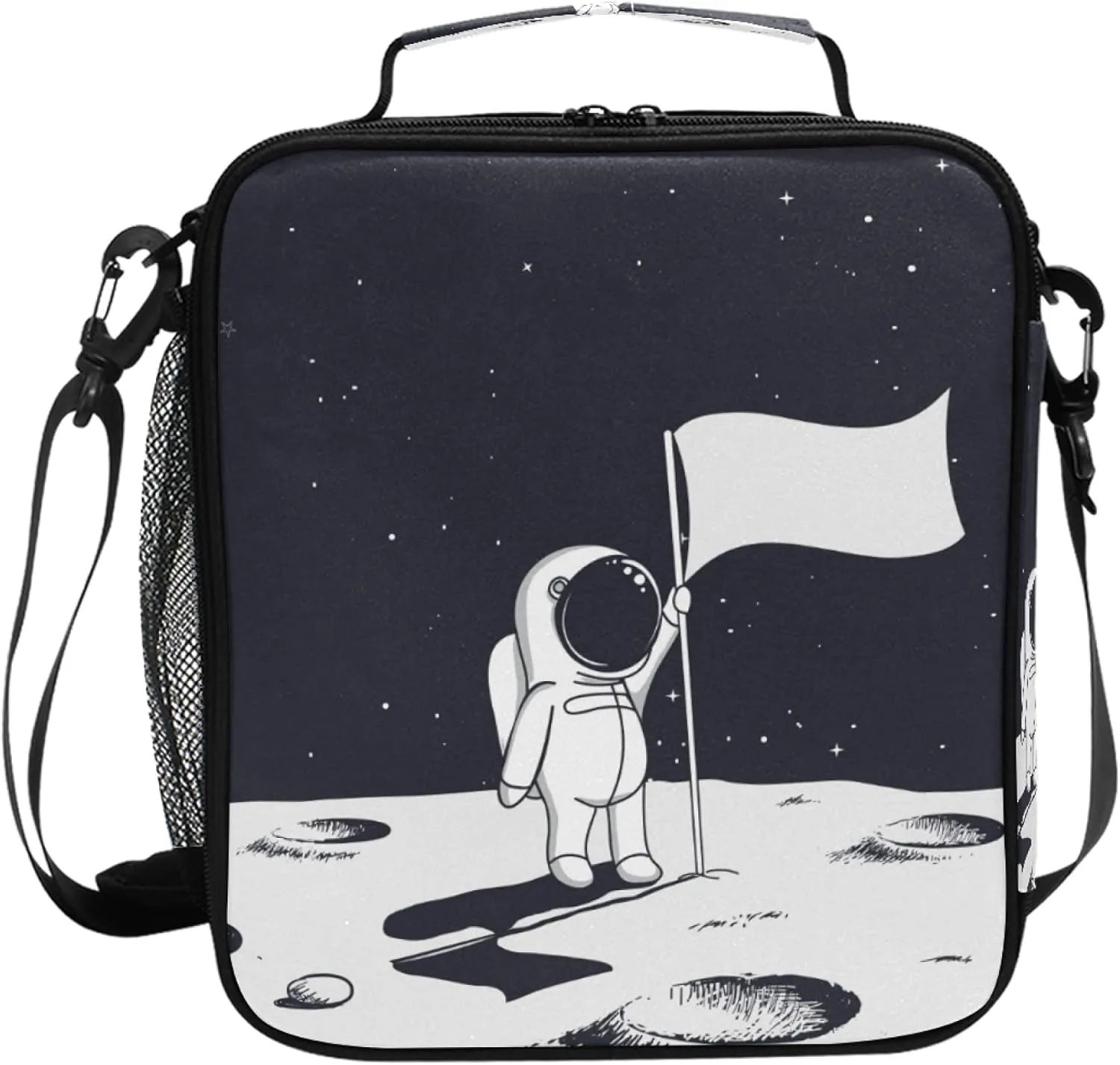 Boys Astronaut Lunch Box Black Spaceship Mars Prep Kids Girl Cooler Insulated Lunch Bag Tote Freezable Shoulder Strap Waterproof Picnic Meal for School Office