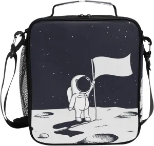 Boys Astronaut Lunch Box Black Spaceship Mars Prep Kids Girl Cooler Insulated Lunch Bag Tote Freezable Shoulder Strap Waterproof Picnic Meal for School Office