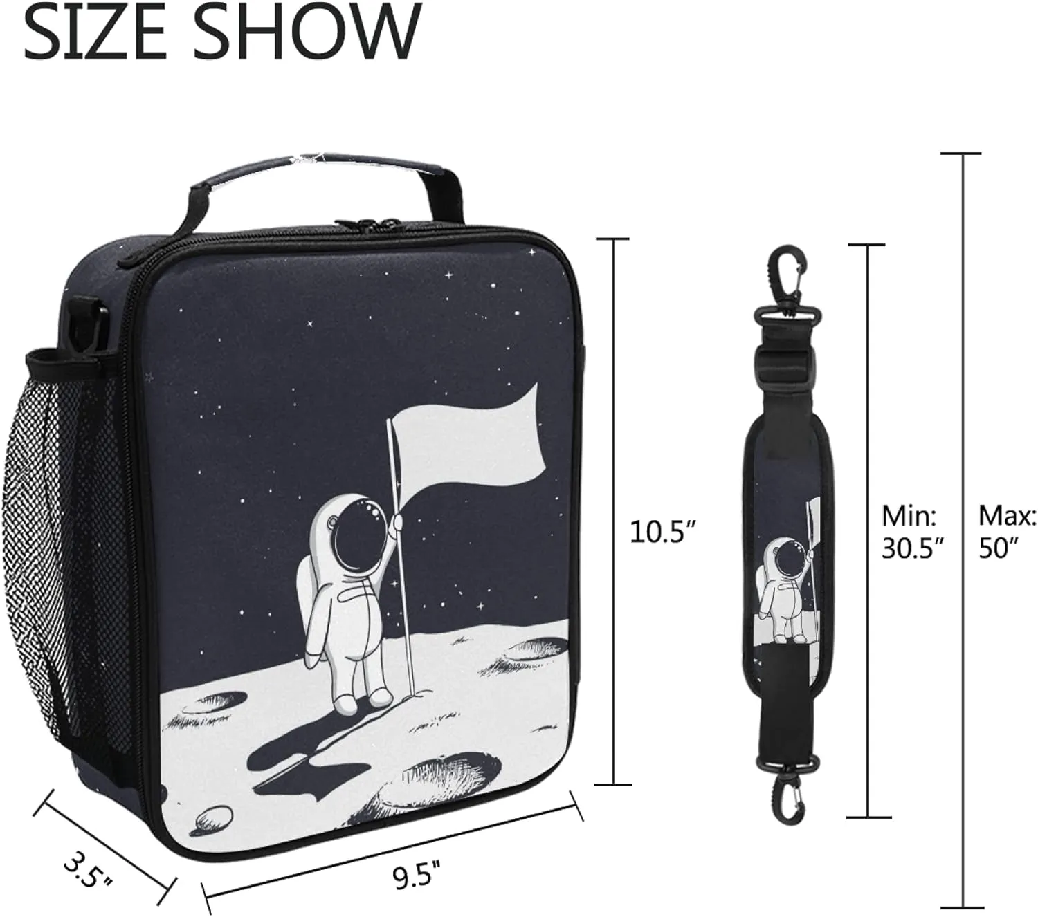 Boys Astronaut Lunch Box Black Spaceship Mars Prep Kids Girl Cooler Insulated Lunch Bag Tote Freezable Shoulder Strap Waterproof Picnic Meal for School Office