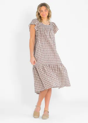 Brown Gingham Short Sleeve Maxi Dress