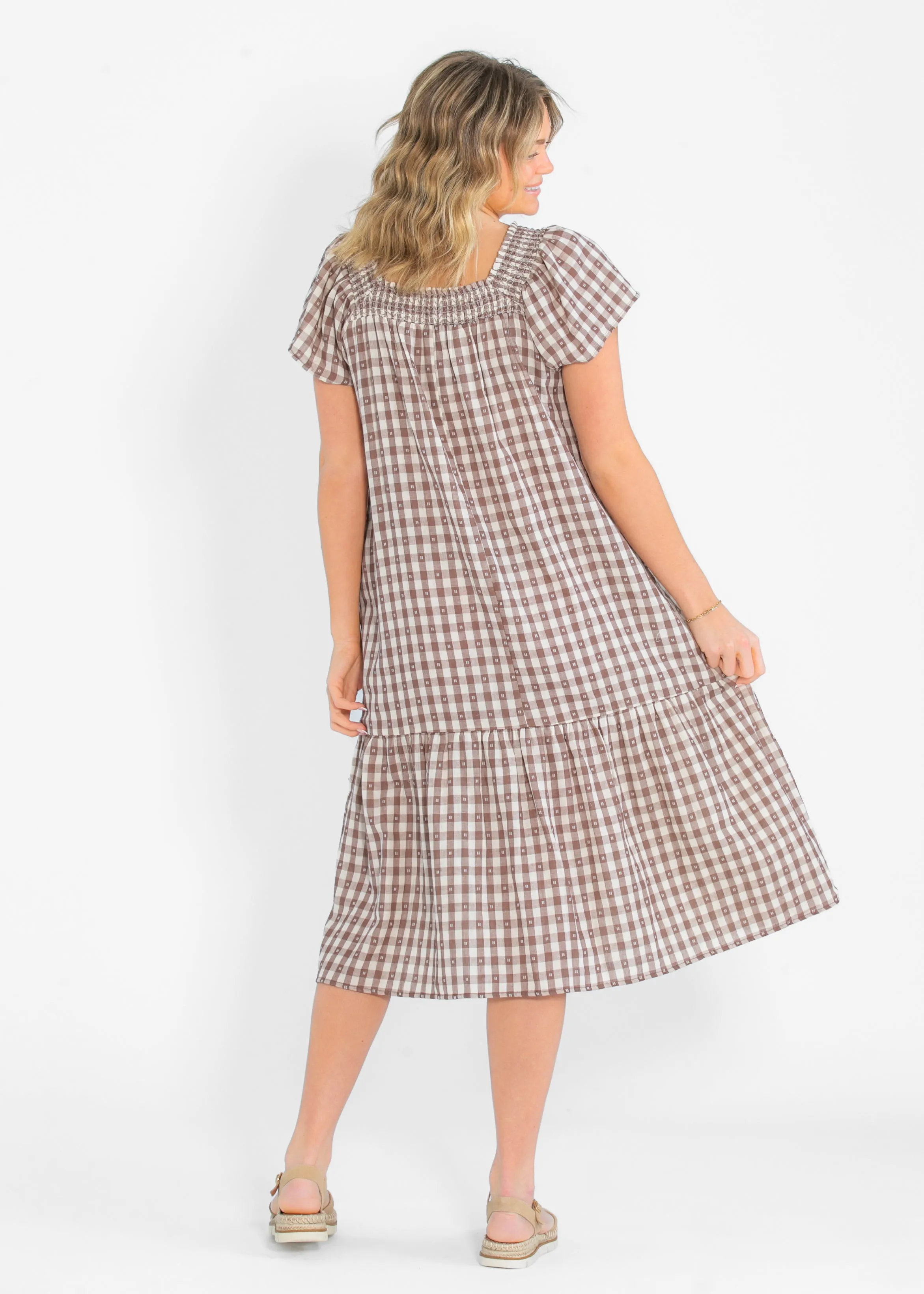 Brown Gingham Short Sleeve Maxi Dress