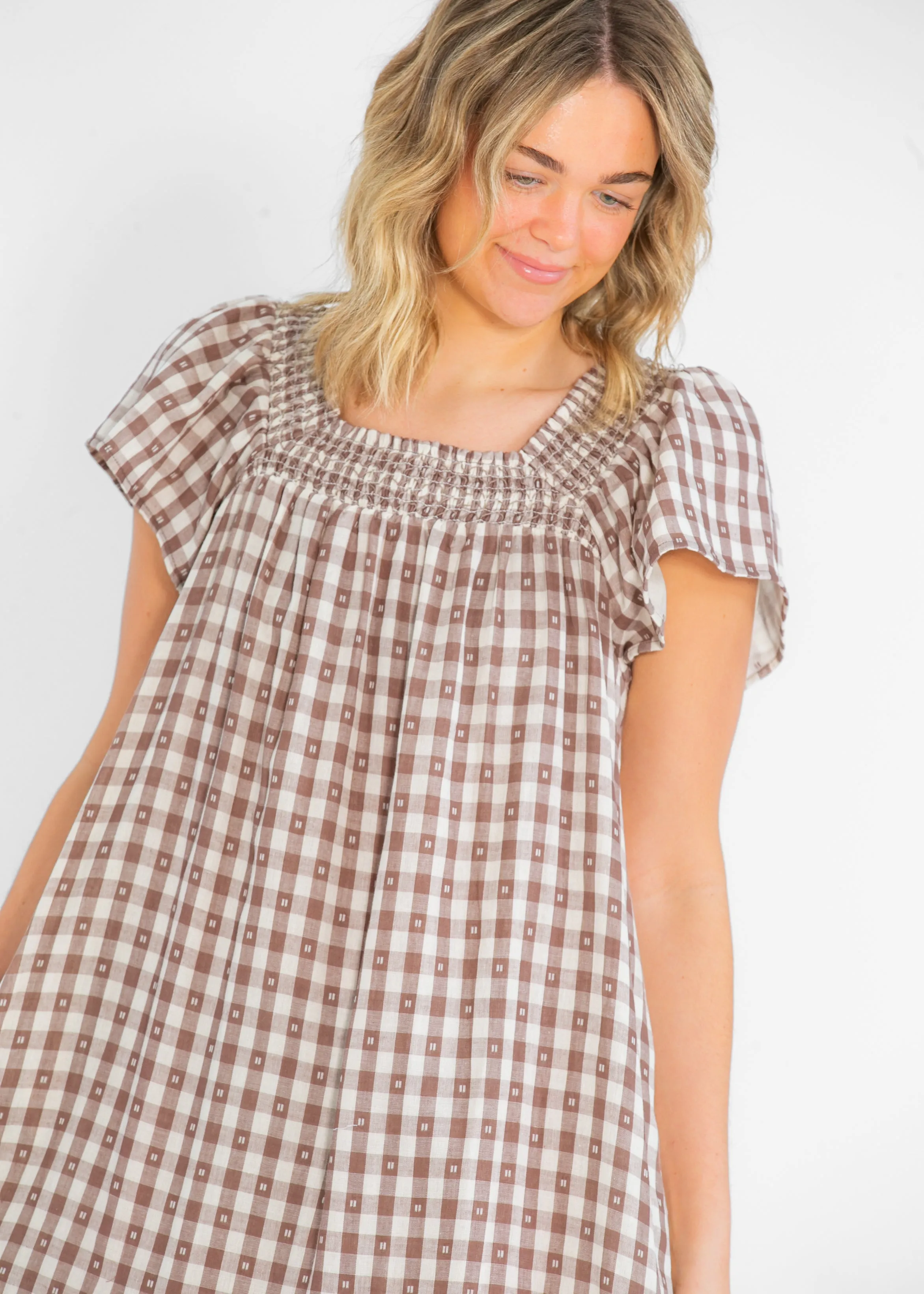Brown Gingham Short Sleeve Maxi Dress