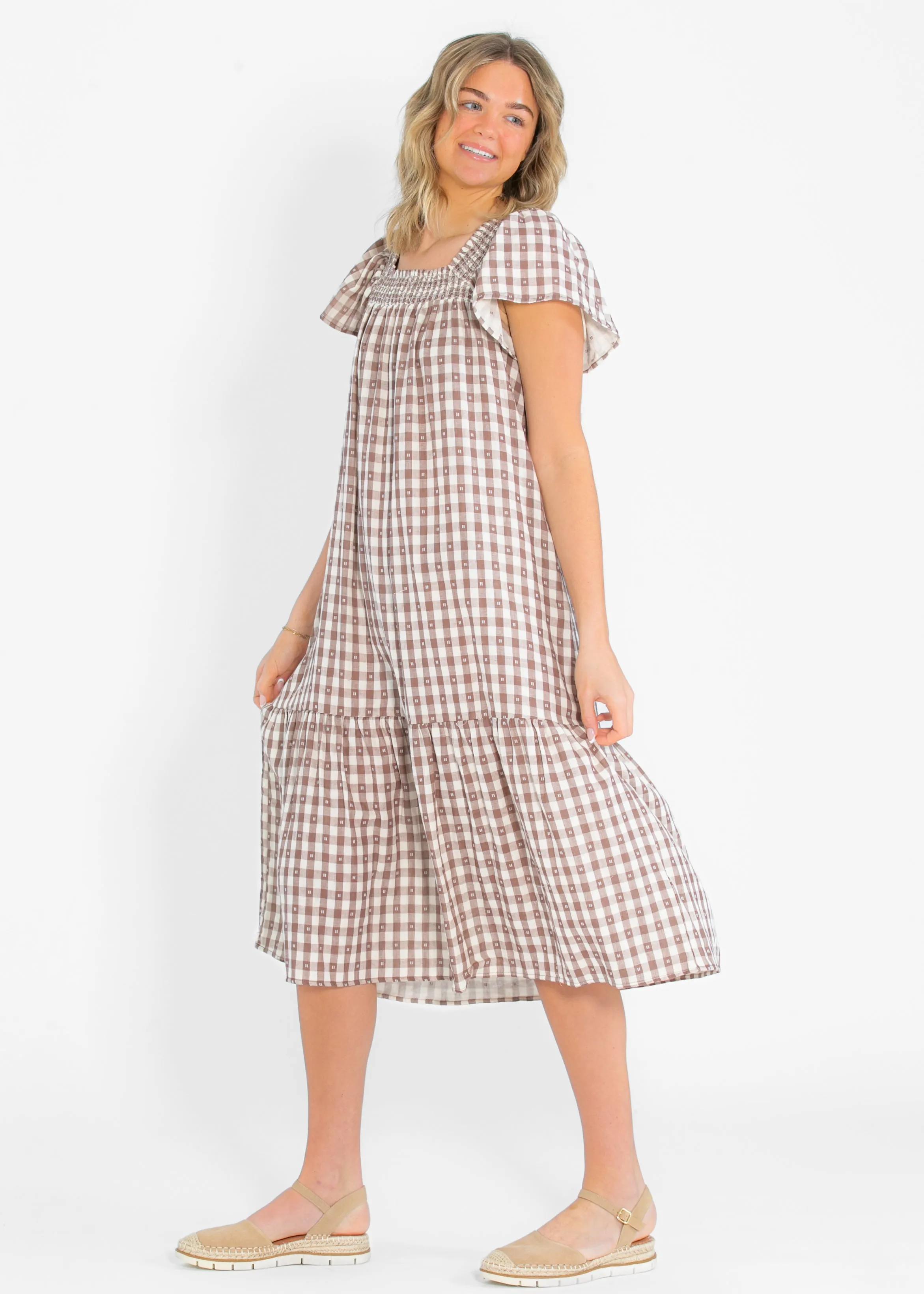 Brown Gingham Short Sleeve Maxi Dress
