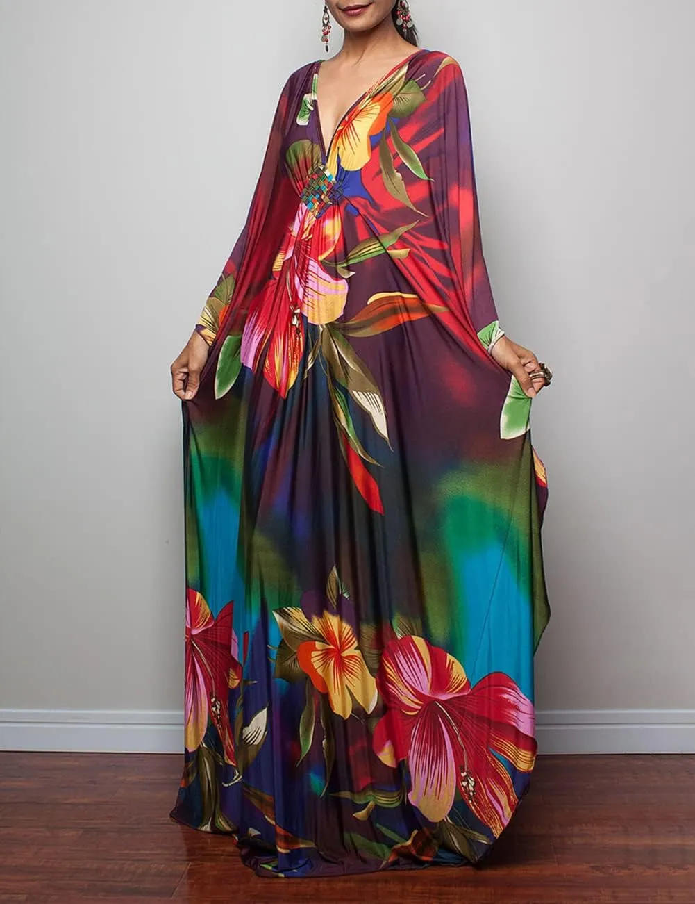 Bsubseach Women Ethnic Print Kaftan Beach Dress Plus Size Swimsuit Cover Up