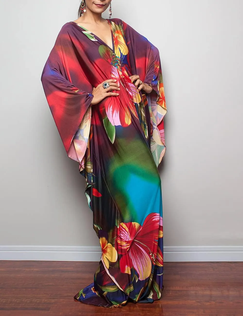 Bsubseach Women Ethnic Print Kaftan Beach Dress Plus Size Swimsuit Cover Up