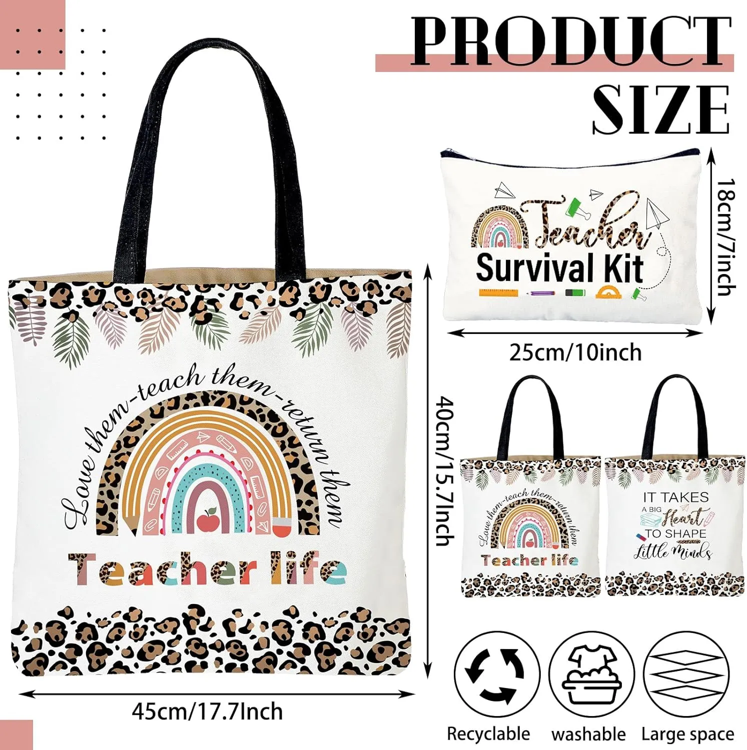 Buryeah 2 Pcs Teacher Appreciation Gift Canvas Tote Bag with Makeup Bag Thank You Teacher Tote for Women Graduation