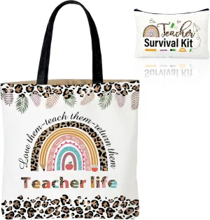 Buryeah 2 Pcs Teacher Appreciation Gift Canvas Tote Bag with Makeup Bag Thank You Teacher Tote for Women Graduation