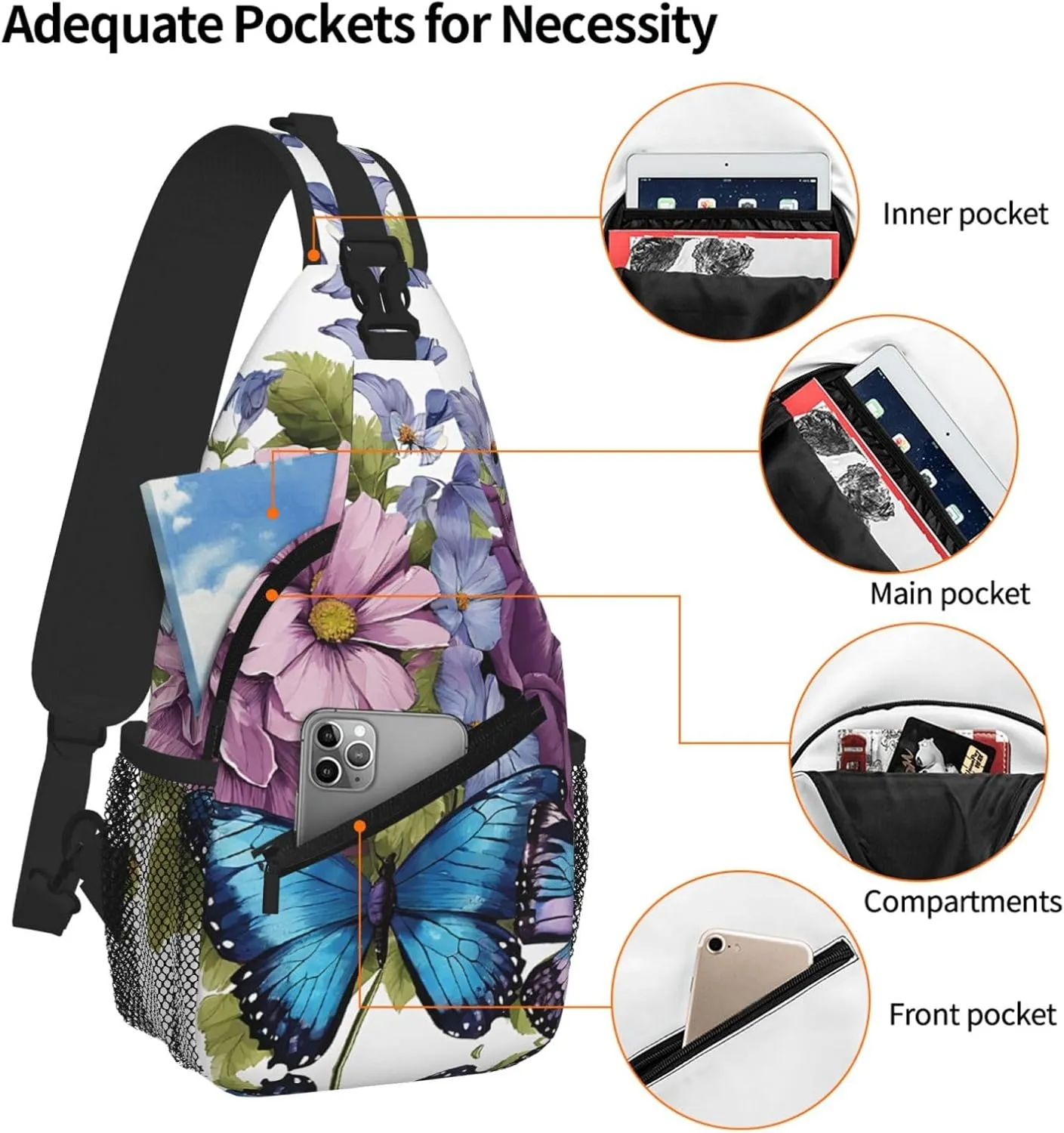 Butterfly Flowers Print Cross Chest Bag Diagonally For Short-Distance Travel And Daily Use
