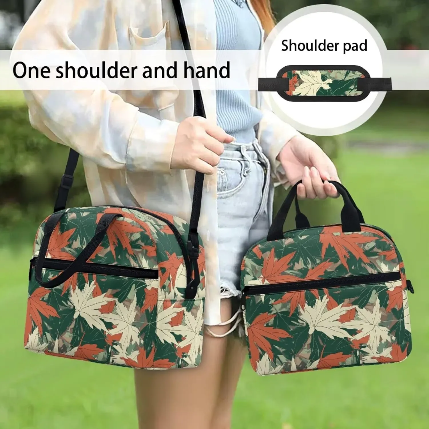 Camo Lunch Bag Women with Maple Leaves Lunch Tote Handbag for Outdoor with Adjustable Shoulder Strap Insulated Cooler Bag for Travel Camping