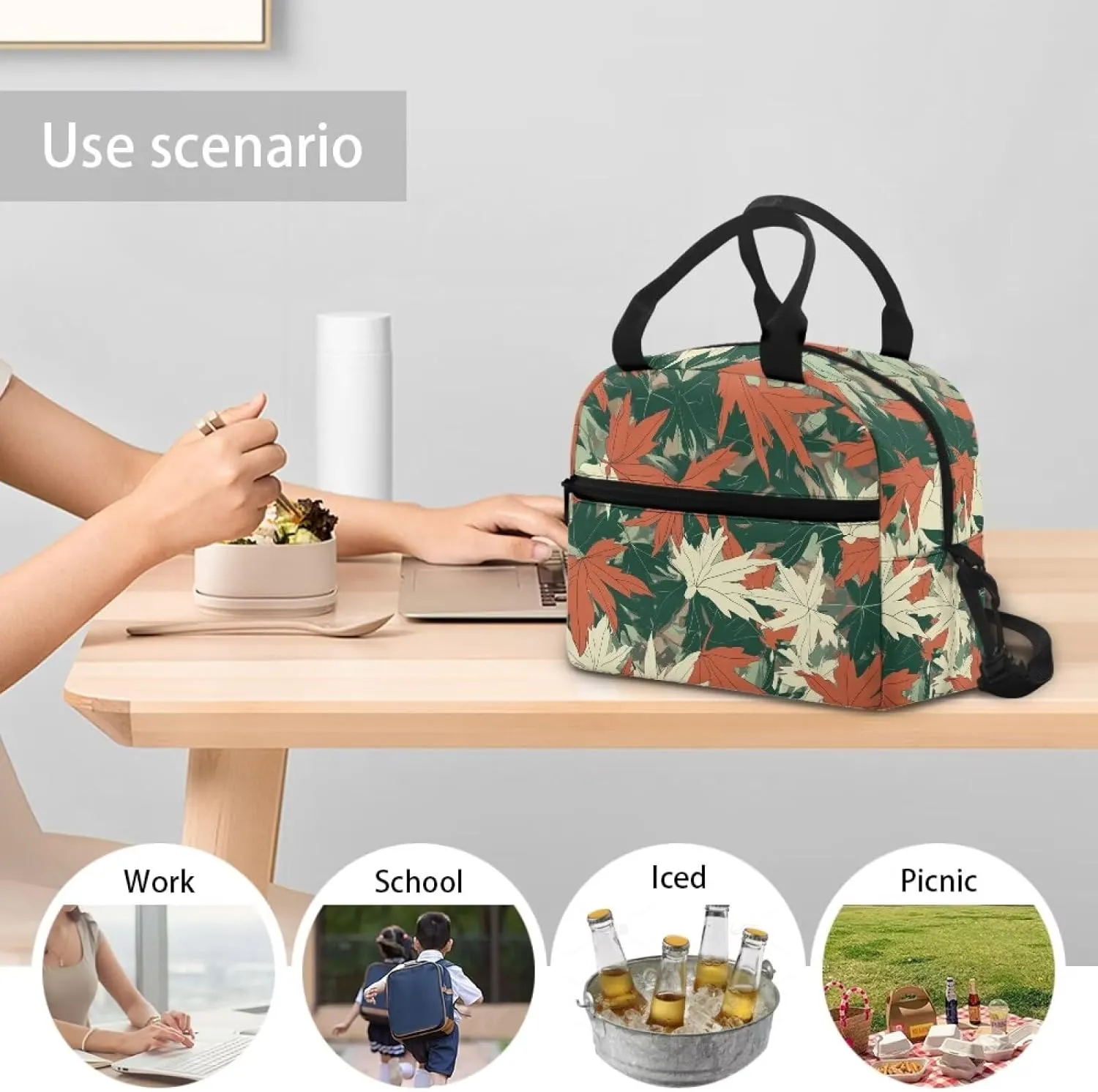 Camo Lunch Bag Women with Maple Leaves Lunch Tote Handbag for Outdoor with Adjustable Shoulder Strap Insulated Cooler Bag for Travel Camping