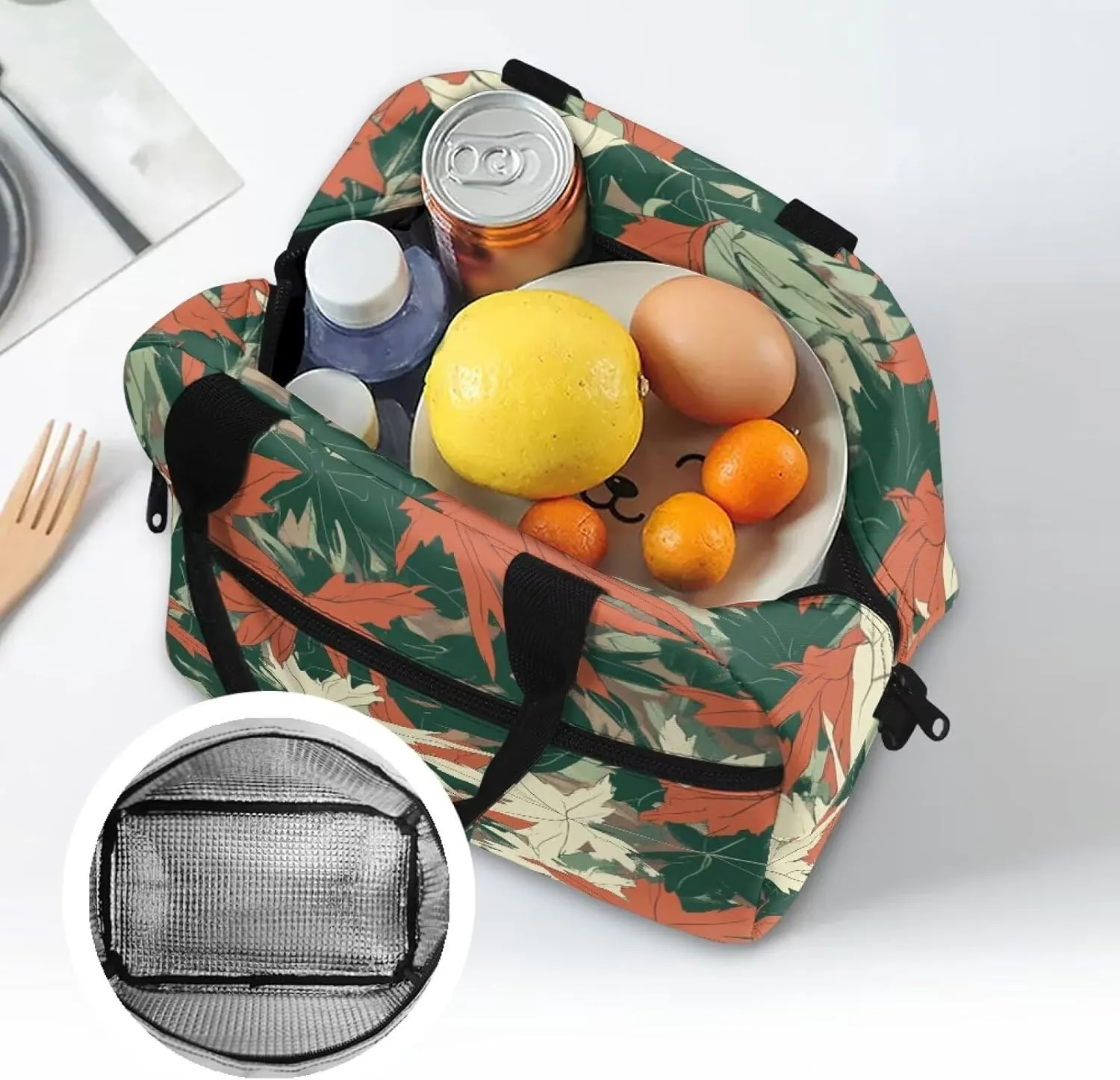 Camo Lunch Bag Women with Maple Leaves Lunch Tote Handbag for Outdoor with Adjustable Shoulder Strap Insulated Cooler Bag for Travel Camping