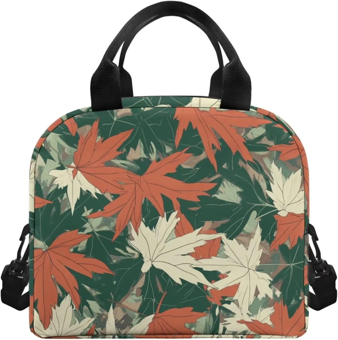 Camo Lunch Bag Women with Maple Leaves Lunch Tote Handbag for Outdoor with Adjustable Shoulder Strap Insulated Cooler Bag for Travel Camping