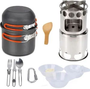 Camping Cookware Mess,Kit Camp Cook Set with Outdoor Camping Stove, Non Stick Pot Knife Spoon Set (Color : Orange)