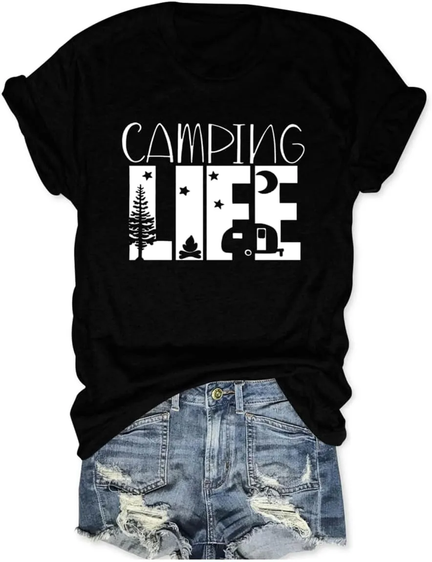 Camping Shirts for Women Funny Camper T-Shirt Graphic Tees Camp Hiking Tshirts Letter Print Casual Summer Tops