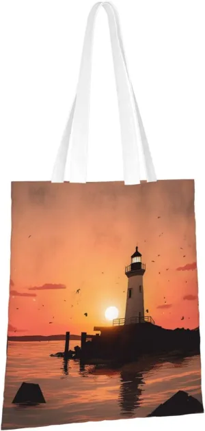 Canvas Aesthetic Tote Bag for Women Handbag Lighthouse Sunrise Reusable Grocery Bags with Handles