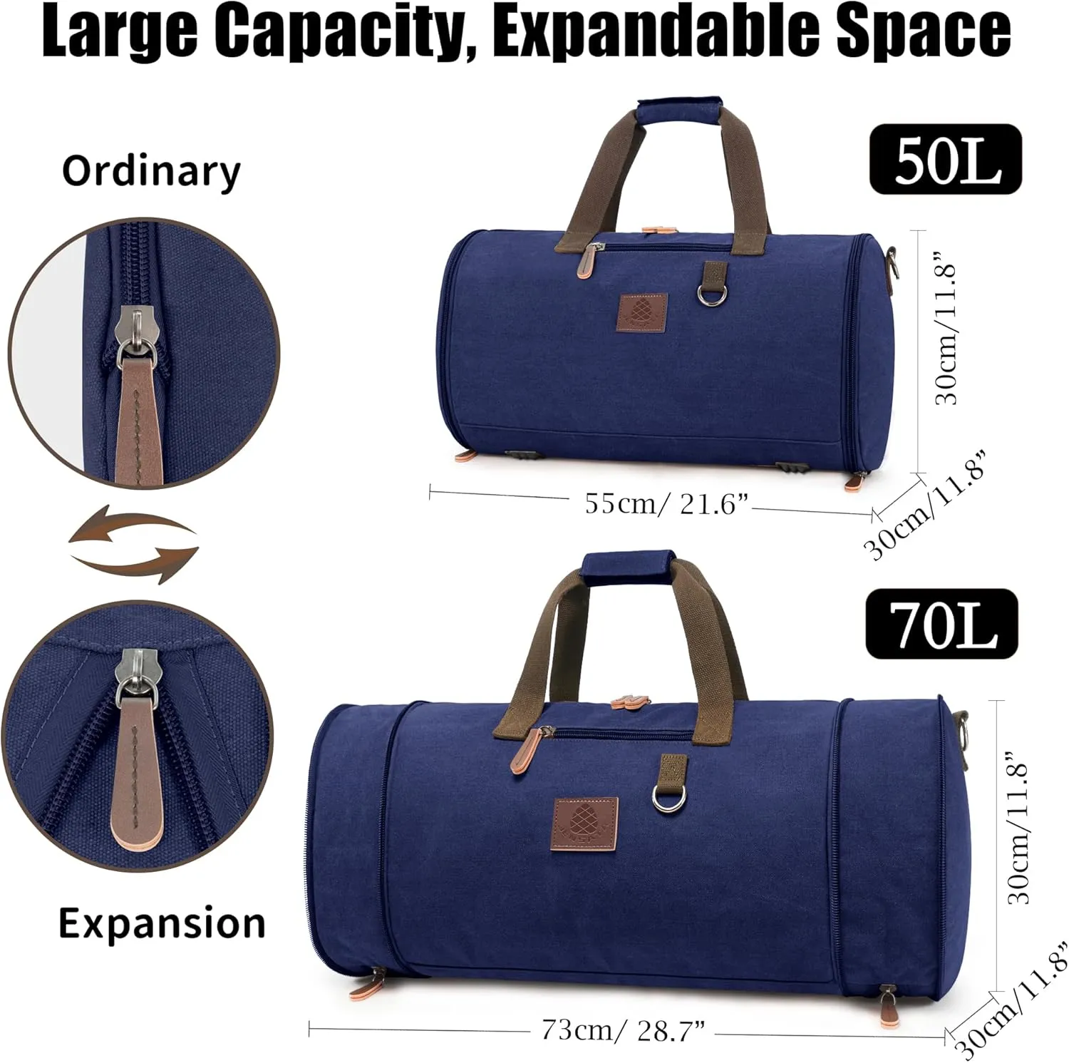 Canvas Duffle Bag for Men - 50L-70L Large Weekender Overnight Expandable Carry On Bag