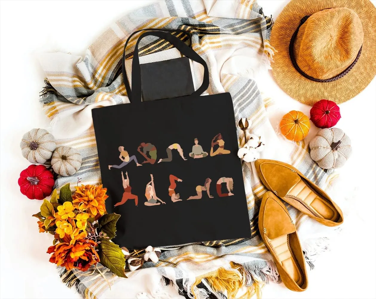 Canvas Tote Bag for Women Aesthetic Yoga Positions Print Reusable Grocery Shoulder Bags for Shopping Travel Beach Gym