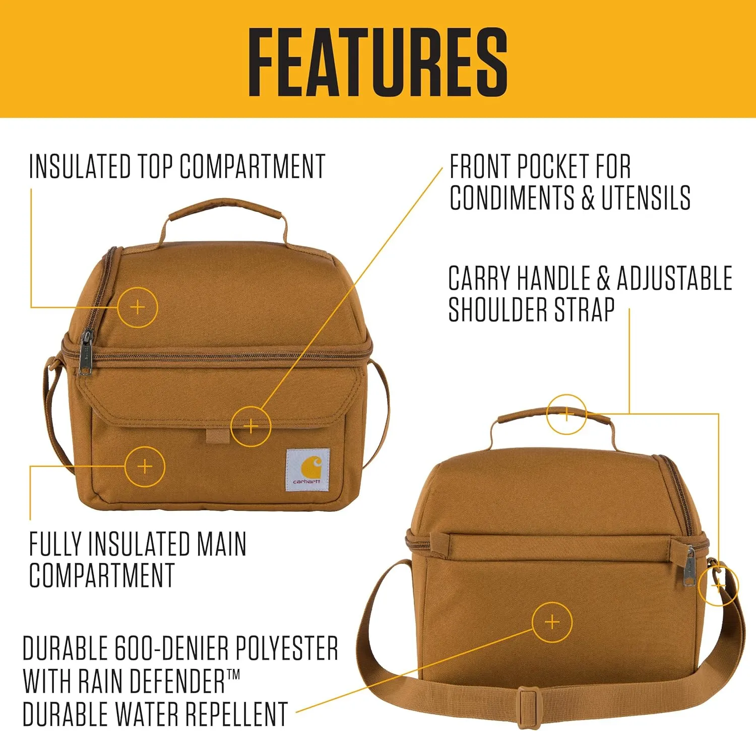 Carhartt 12 Can Two Compartment Lunch Box | Durable, Fully-Insulated Lunch Bag for Women & Men, Large Lunchbox (Black)