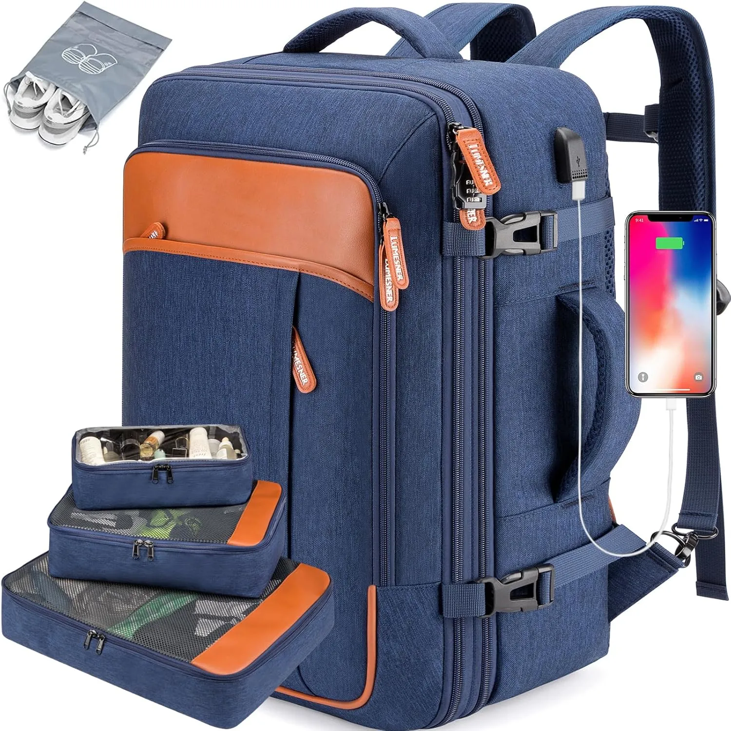 Carry on Travel Backpacks, Extra Large 40L Flight Approved for Men & Women,Expandable Suitcase With 4 Packing Cubes,Water Resistant Luggage Daypack Business Weekender Bag,Blue