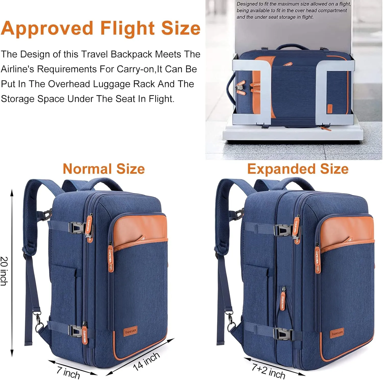 Carry on Travel Backpacks, Extra Large 40L Flight Approved for Men & Women,Expandable Suitcase With 4 Packing Cubes,Water Resistant Luggage Daypack Business Weekender Bag,Blue