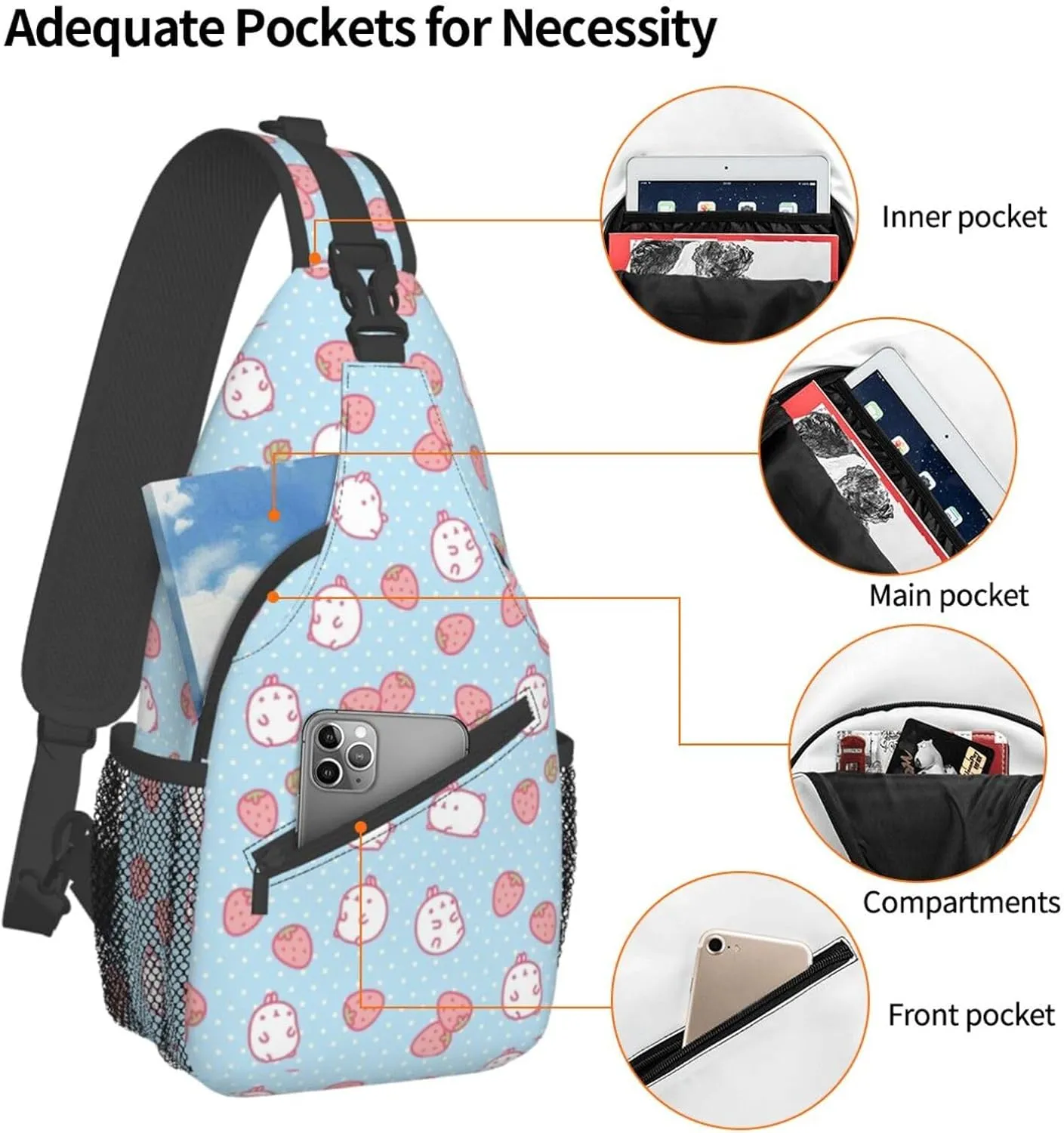 Cartoon Character Strawberry Cross Chest Bag Diagonally Travel Backpack, Light Travel, Hiking Single Shoulder Bag