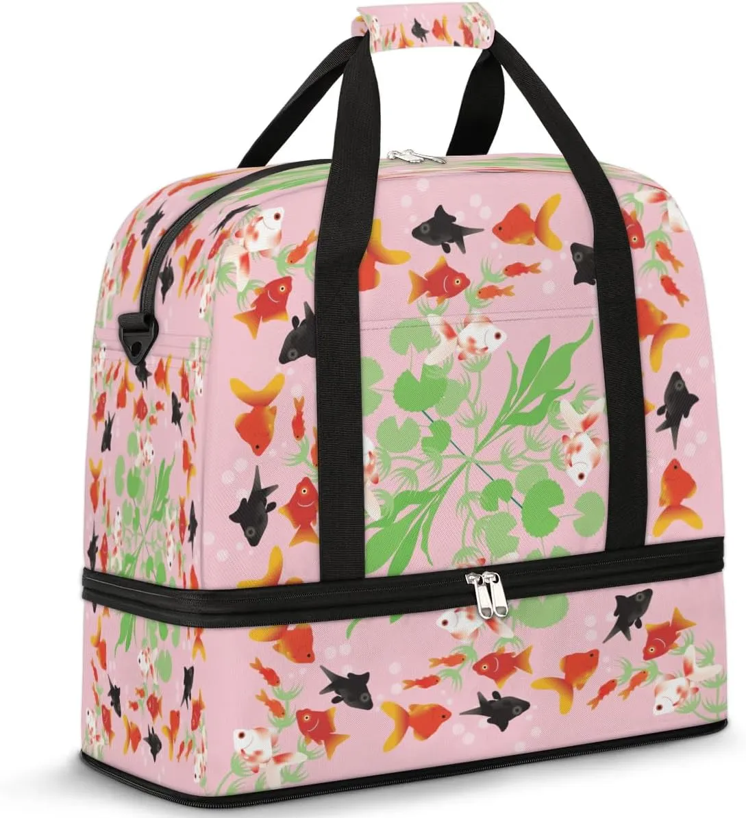 Cartoon Goldfish Pattern Sports Gym Bag with Shoes Compartment Foldable Travel Duffel Bag Dry Wet Separated Sports Tote Workout Weekender Overnight Bag for Women Yoga Dance Work Training Handbag