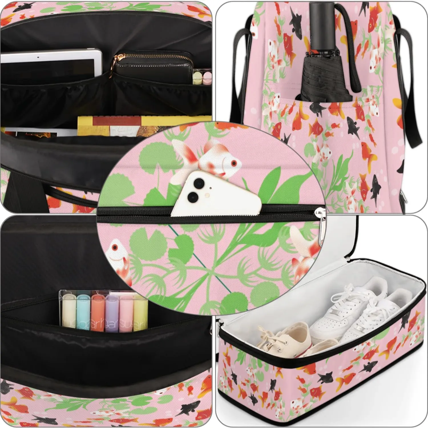 Cartoon Goldfish Pattern Sports Gym Bag with Shoes Compartment Foldable Travel Duffel Bag Dry Wet Separated Sports Tote Workout Weekender Overnight Bag for Women Yoga Dance Work Training Handbag