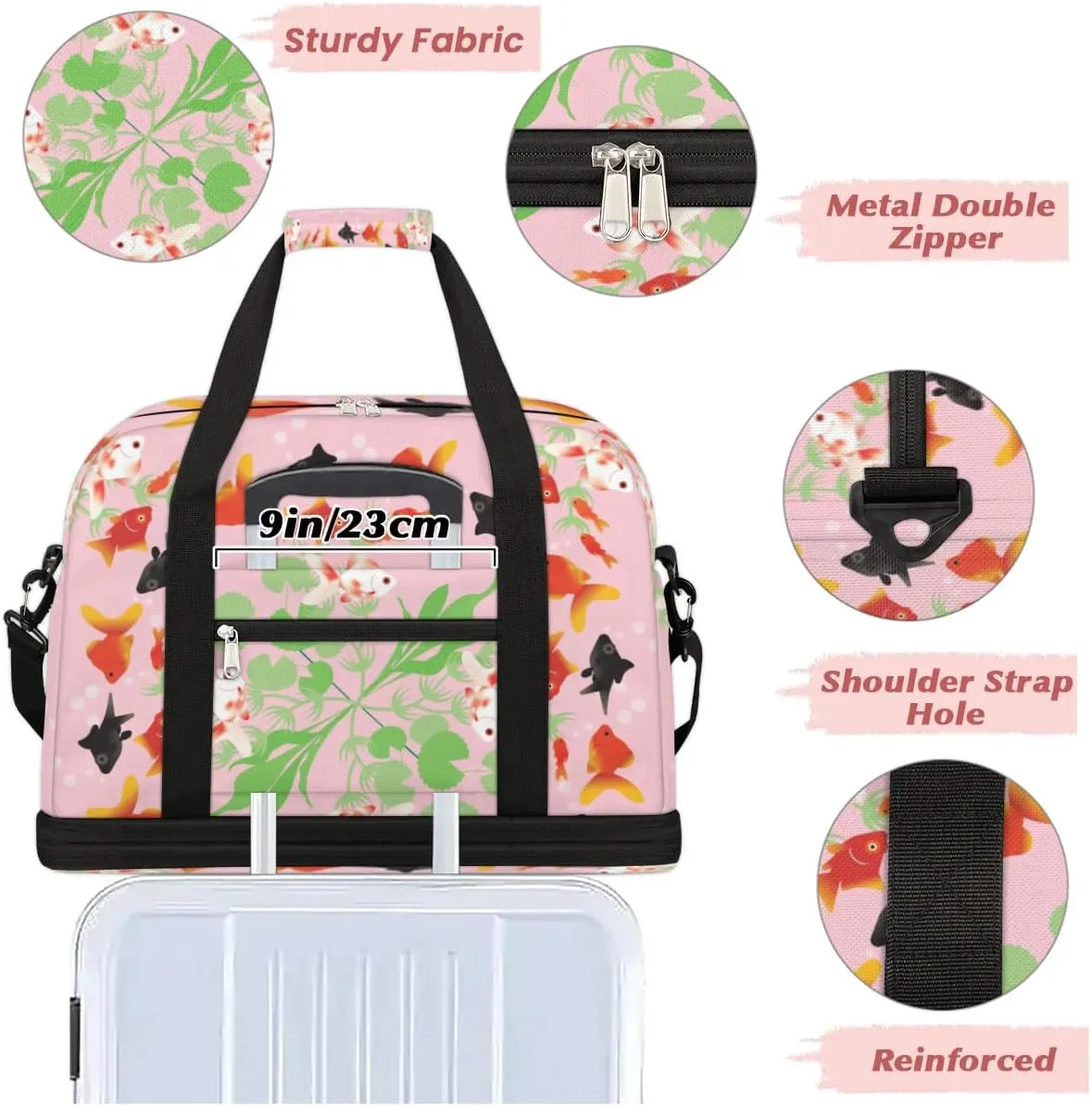 Cartoon Goldfish Pattern Sports Gym Bag with Shoes Compartment Foldable Travel Duffel Bag Dry Wet Separated Sports Tote Workout Weekender Overnight Bag for Women Yoga Dance Work Training Handbag