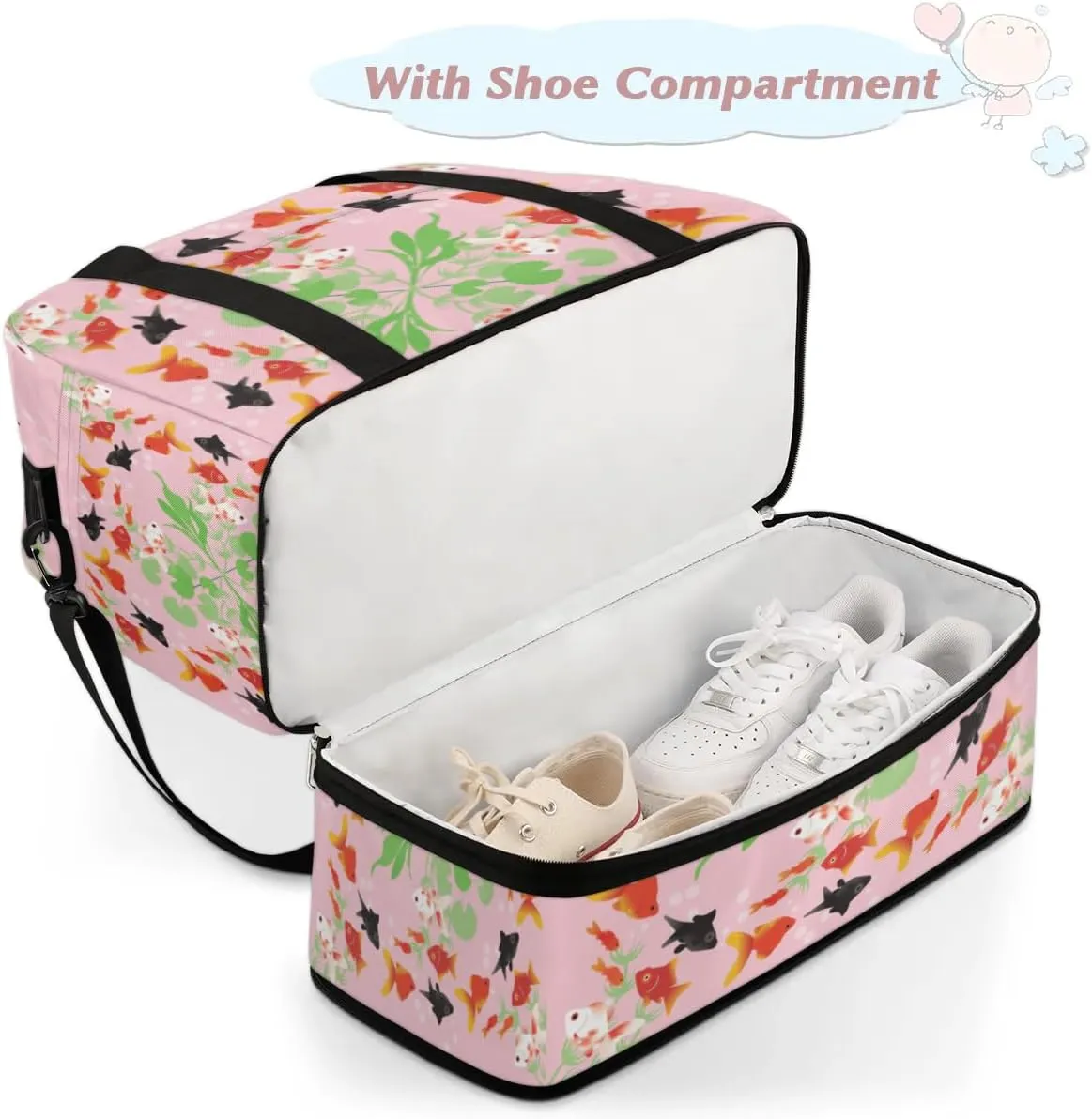 Cartoon Goldfish Pattern Sports Gym Bag with Shoes Compartment Foldable Travel Duffel Bag Dry Wet Separated Sports Tote Workout Weekender Overnight Bag for Women Yoga Dance Work Training Handbag