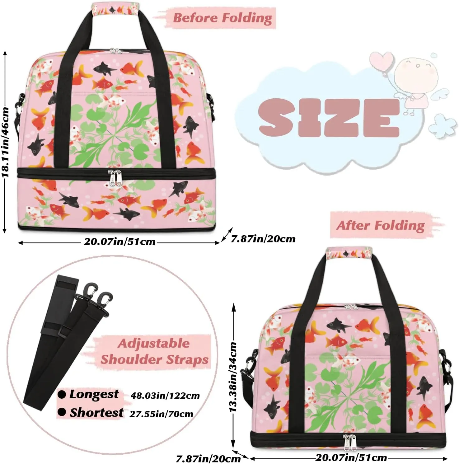 Cartoon Goldfish Pattern Sports Gym Bag with Shoes Compartment Foldable Travel Duffel Bag Dry Wet Separated Sports Tote Workout Weekender Overnight Bag for Women Yoga Dance Work Training Handbag