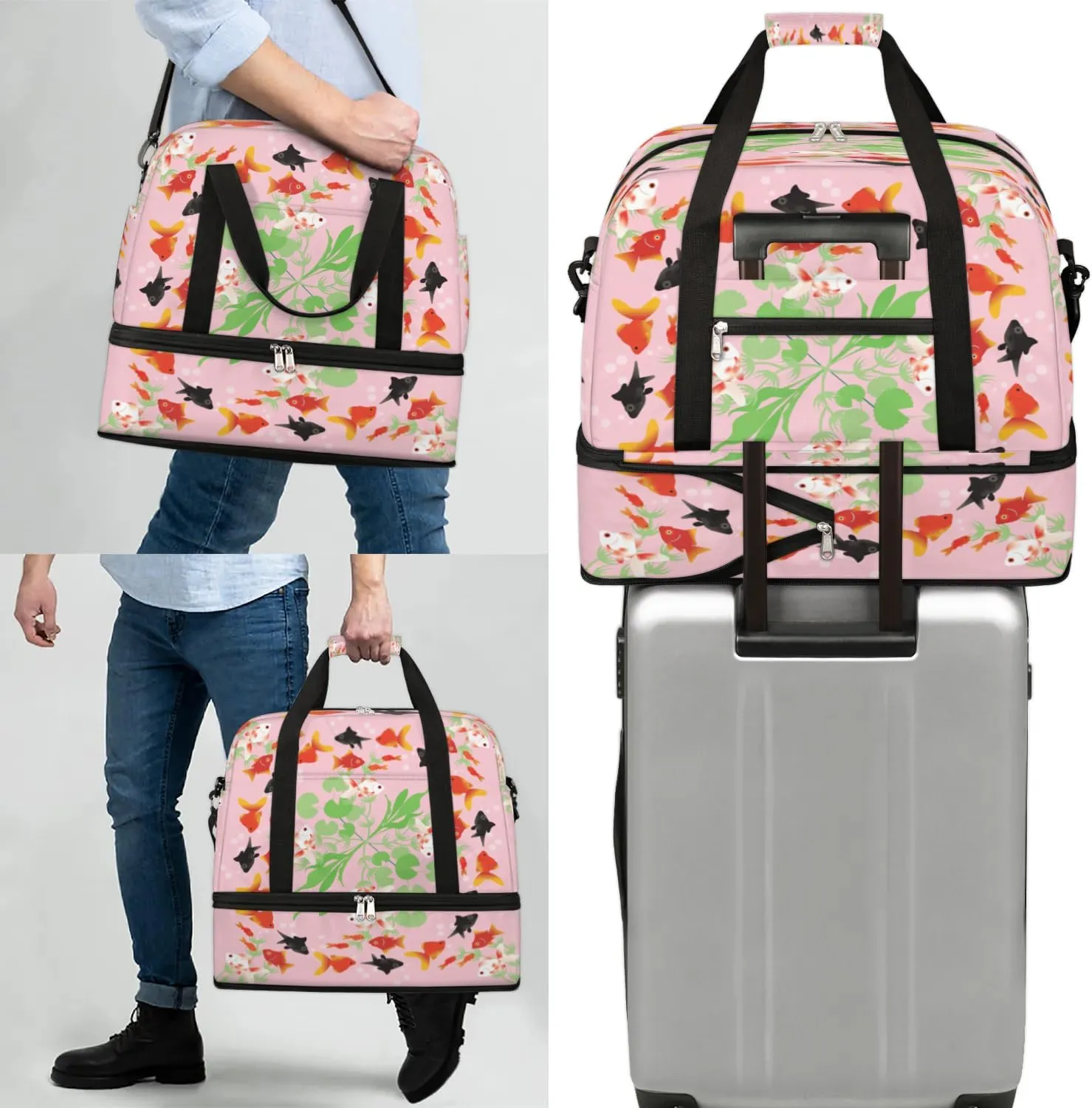 Cartoon Goldfish Pattern Sports Gym Bag with Shoes Compartment Foldable Travel Duffel Bag Dry Wet Separated Sports Tote Workout Weekender Overnight Bag for Women Yoga Dance Work Training Handbag