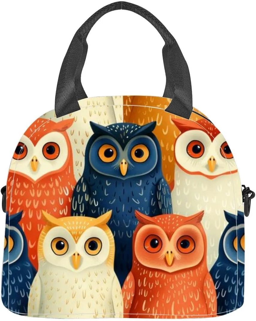 Cartoon owls adorn the Insulated Adult Lunch Bag with Shoulder Strap for Women Lightweight Reusable Portable Freezable Lunch Tote Bag for Work Picnic
