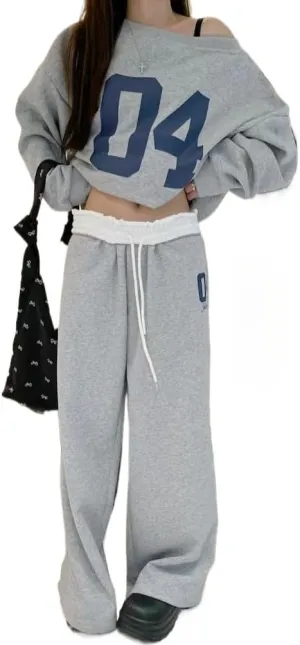 Casual 2 Piece Sets Women Outfit Pant Sets Oversized Korean Sweatsuits Vintage Letter Print Off Shoulder Tracksuit