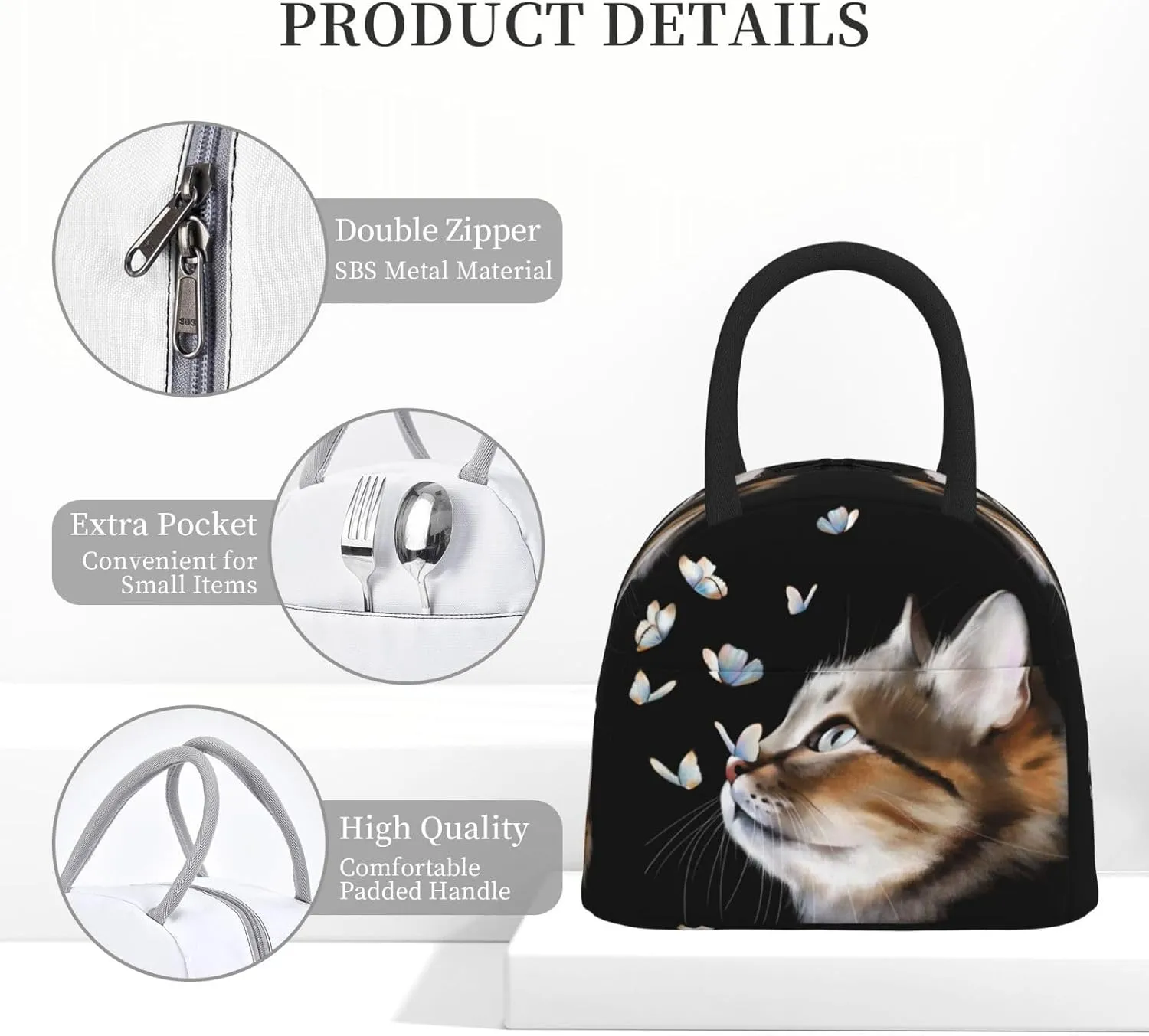 Cat and Butterflies Cat and Butterflies Lunch Bag Box Meal Prep Insulated Handbag Reusable Lunch Container for School Office Work